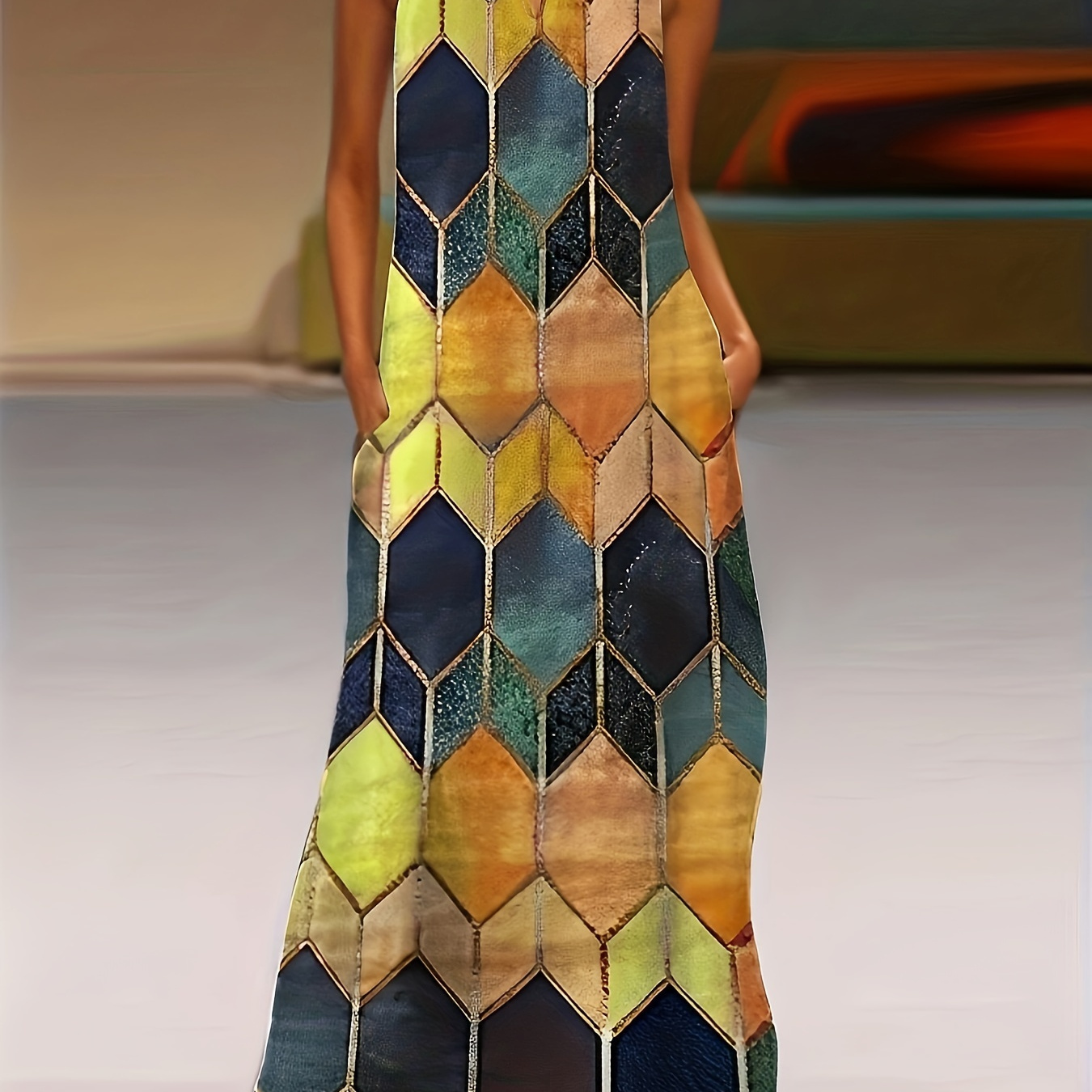 Plus Size Casual Dress, Women's Plus Geometric Print Ruched Neck Tank Dress With Pockets
Plus Size Casual Dress, Women's Plus Geometric Print Ruched Neck Tank Dress With Pockets