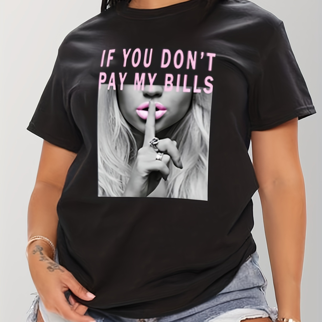 

Shut Up Print T-shirt, Short Sleeve Crew Neck Casual Top For Summer & Spring, Women's Clothing