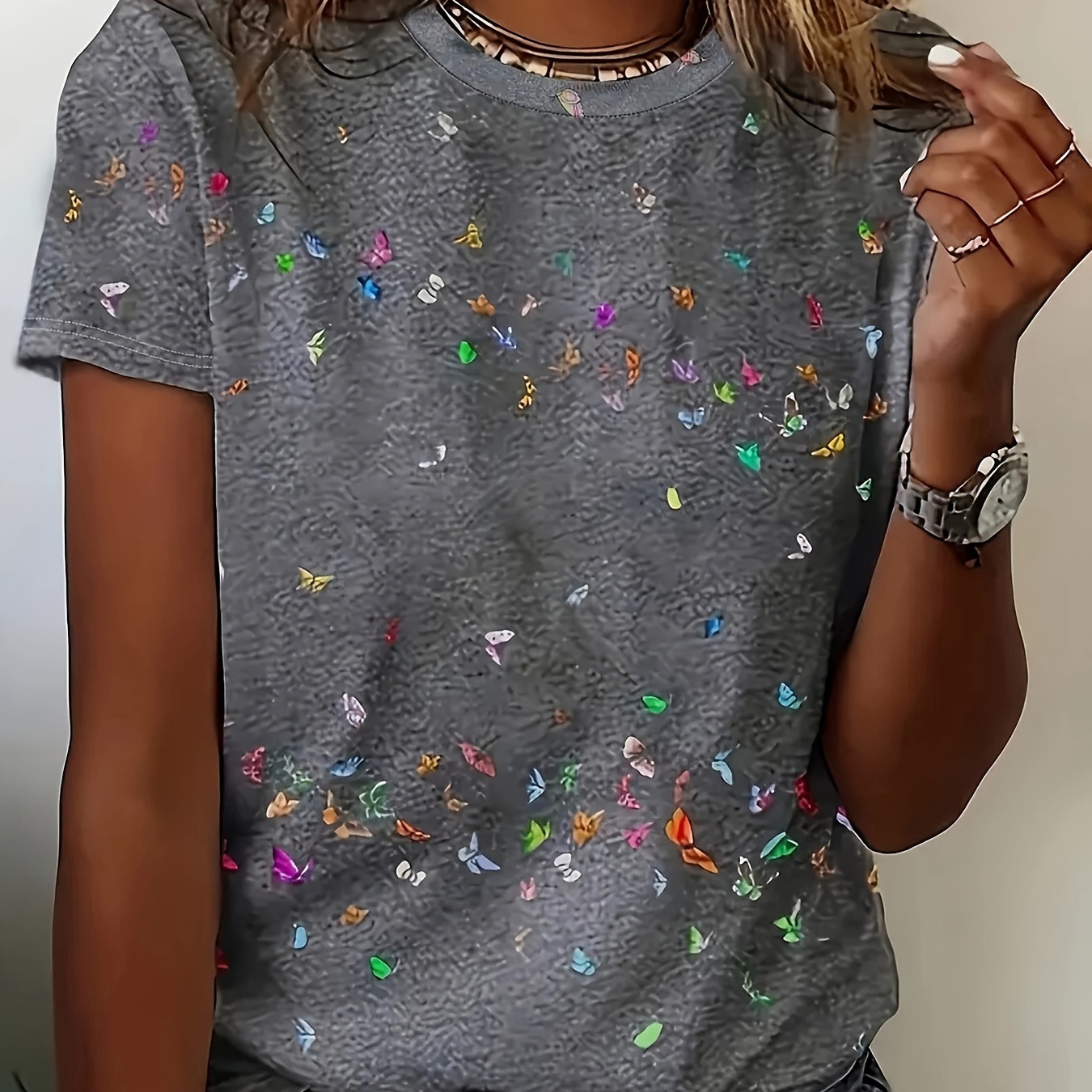 Colorful Butterfly Print Crew Neck T-shirt, Casual Short Sleeve Top For Spring & Summer, Women's Clothing
Colorful Butterfly Print Crew Neck T-shirt, Casual Short Sleeve Top For Spring & Summer, Women's Clothing