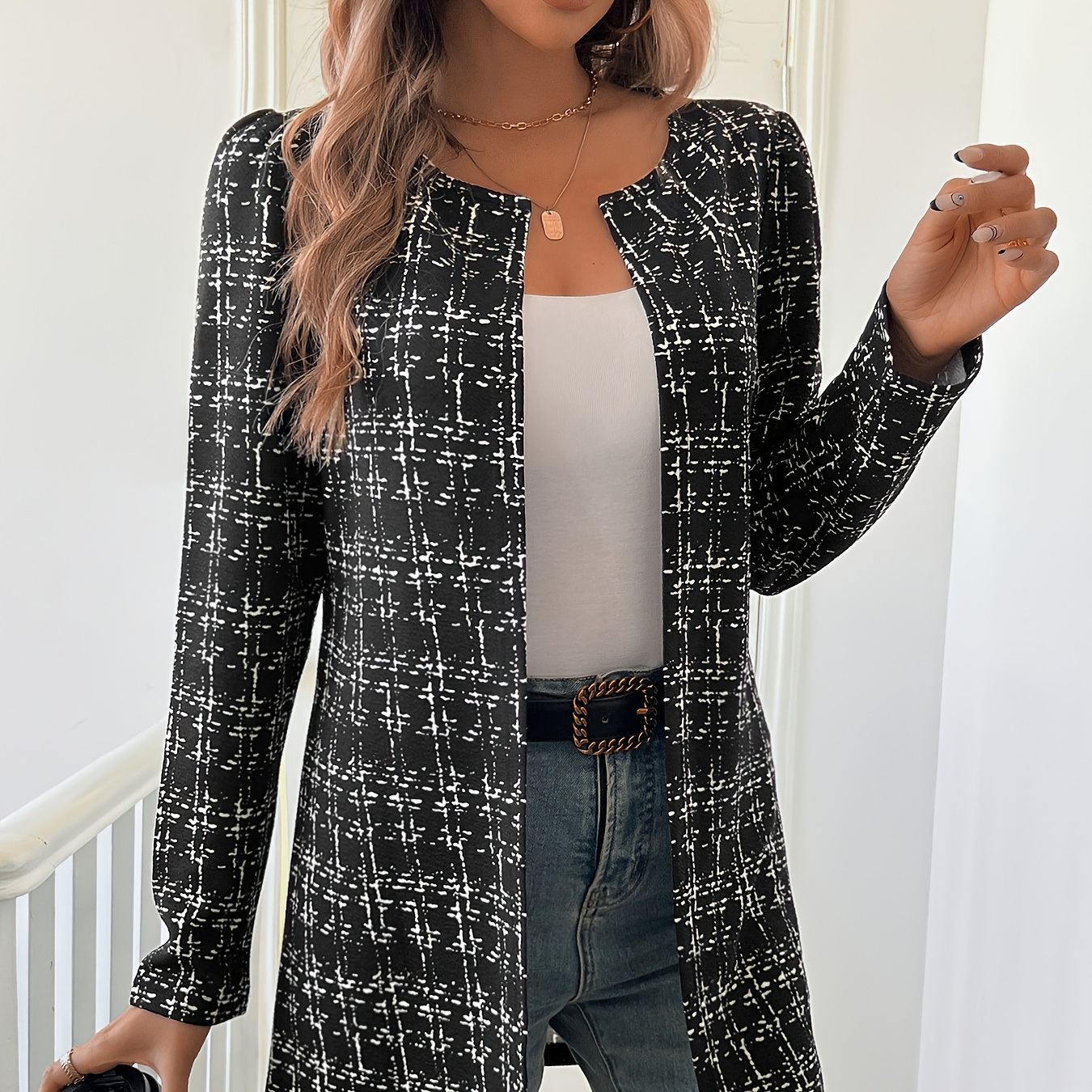 1pc Elegant Women's Print Front-open Cardigan, Polyester Knit Fabric, Crew Neck, Long Sleeve, Casual Fashion Outerwear For Spring/fall
1pc Elegant Women's Print Front-open Cardigan, Polyester Knit Fabric, Crew Neck, Long Sleeve, Casual Fashion Outerwear For Spring/fall