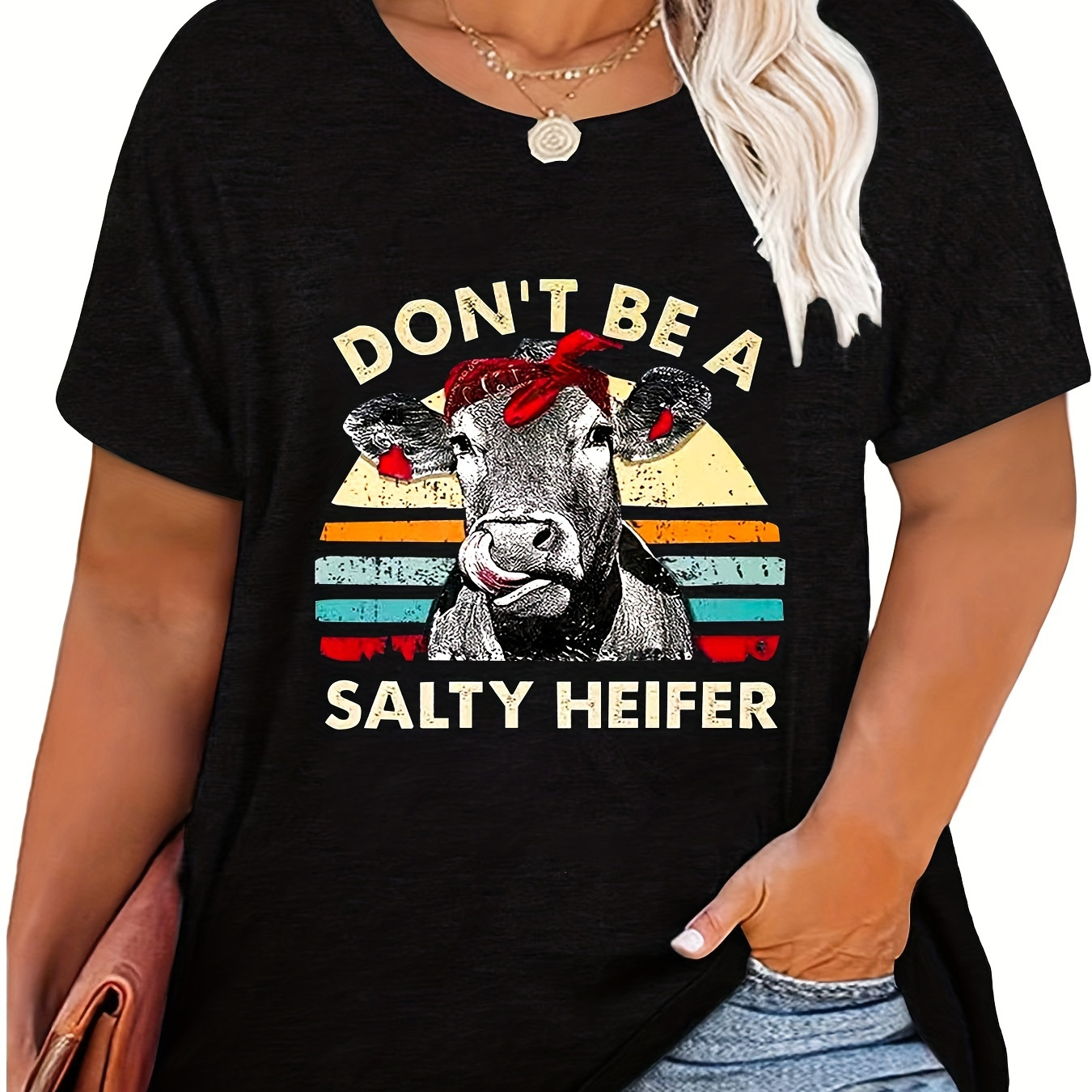 Plus Size Casual T-shirt, Women's Plus Cow & Letter Print Short Sleeve Round Neck Medium Stretch T-shirt
Plus Size Casual T-shirt, Women's Plus Cow & Letter Print Short Sleeve Round Neck Medium Stretch T-shirt