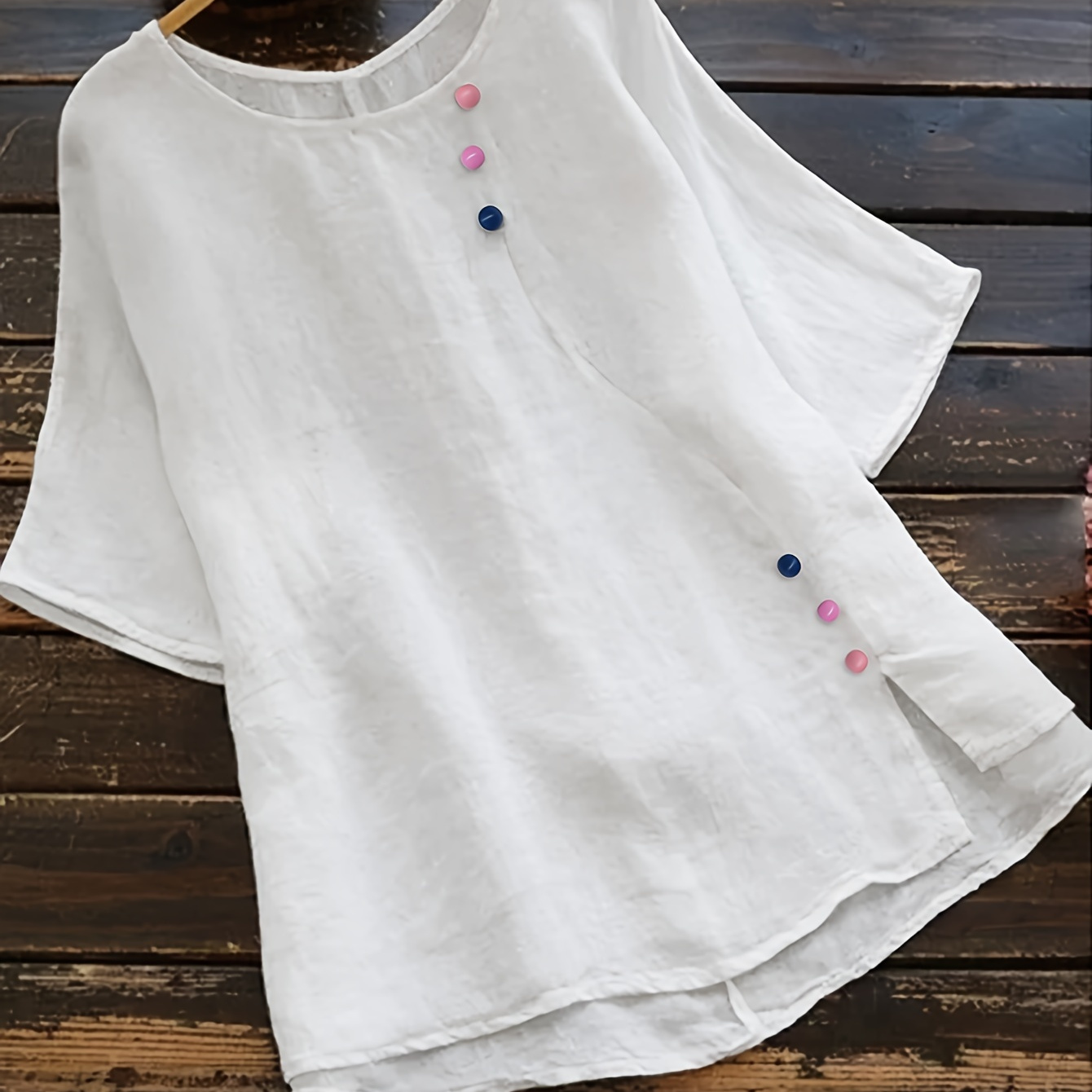 Colorful Button Decor Crew Neck Blouse, Casual Split Hem Short Sleeve Top For Spring & Summer, Women's Clothing
Colorful Button Decor Crew Neck Blouse, Casual Split Hem Short Sleeve Top For Spring & Summer, Women's Clothing
