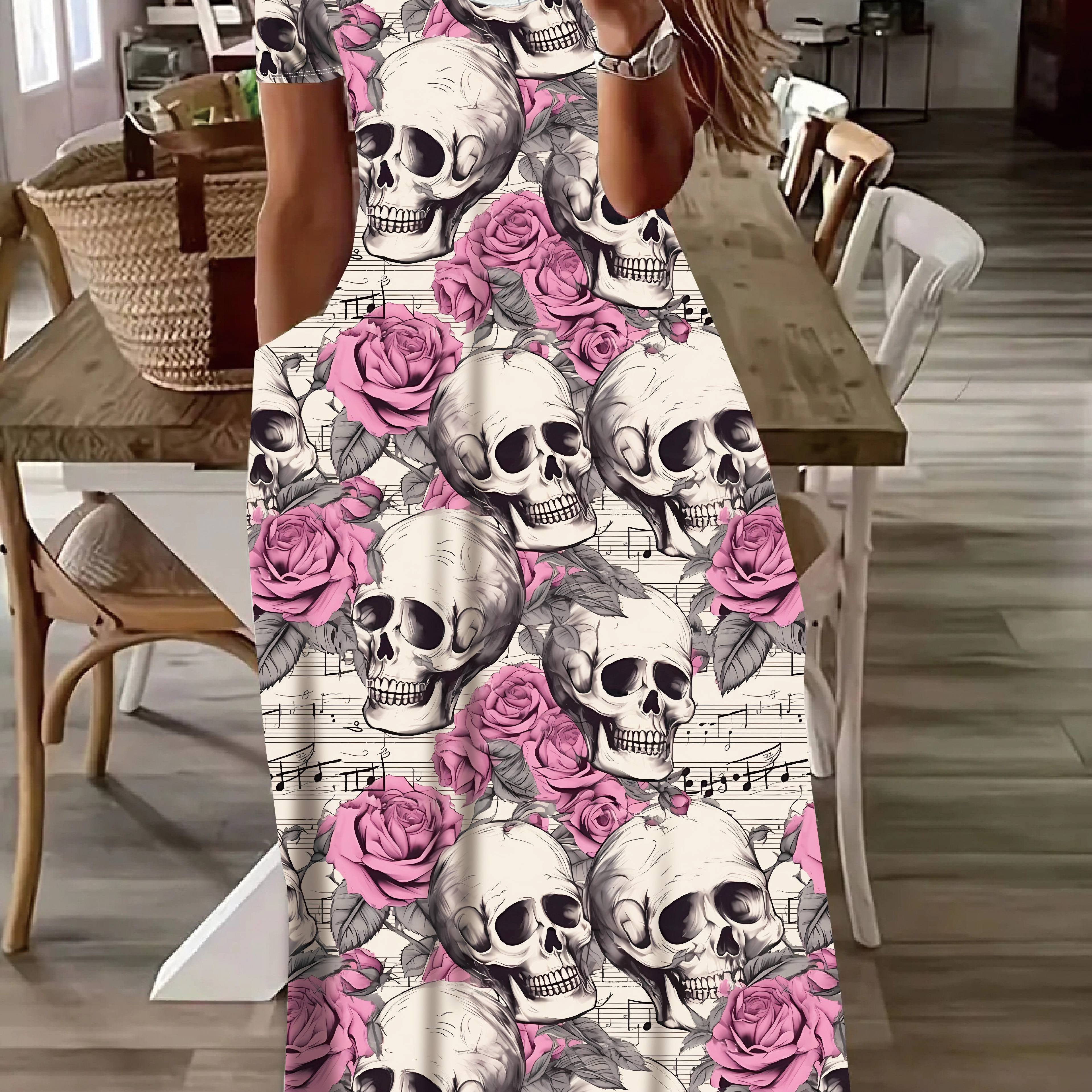 Plus Size Skull & Flower Print Long Length Dress, Vacation Style Pocket Short Sleeve Crew Neck Dress For Spring & Summer, Women's Plus Size Clothing
Plus Size Skull & Flower Print Long Length Dress, Vacation Style Pocket Short Sleeve Crew Neck Dress For Spring & Summer, Women's Plus Size Clothing