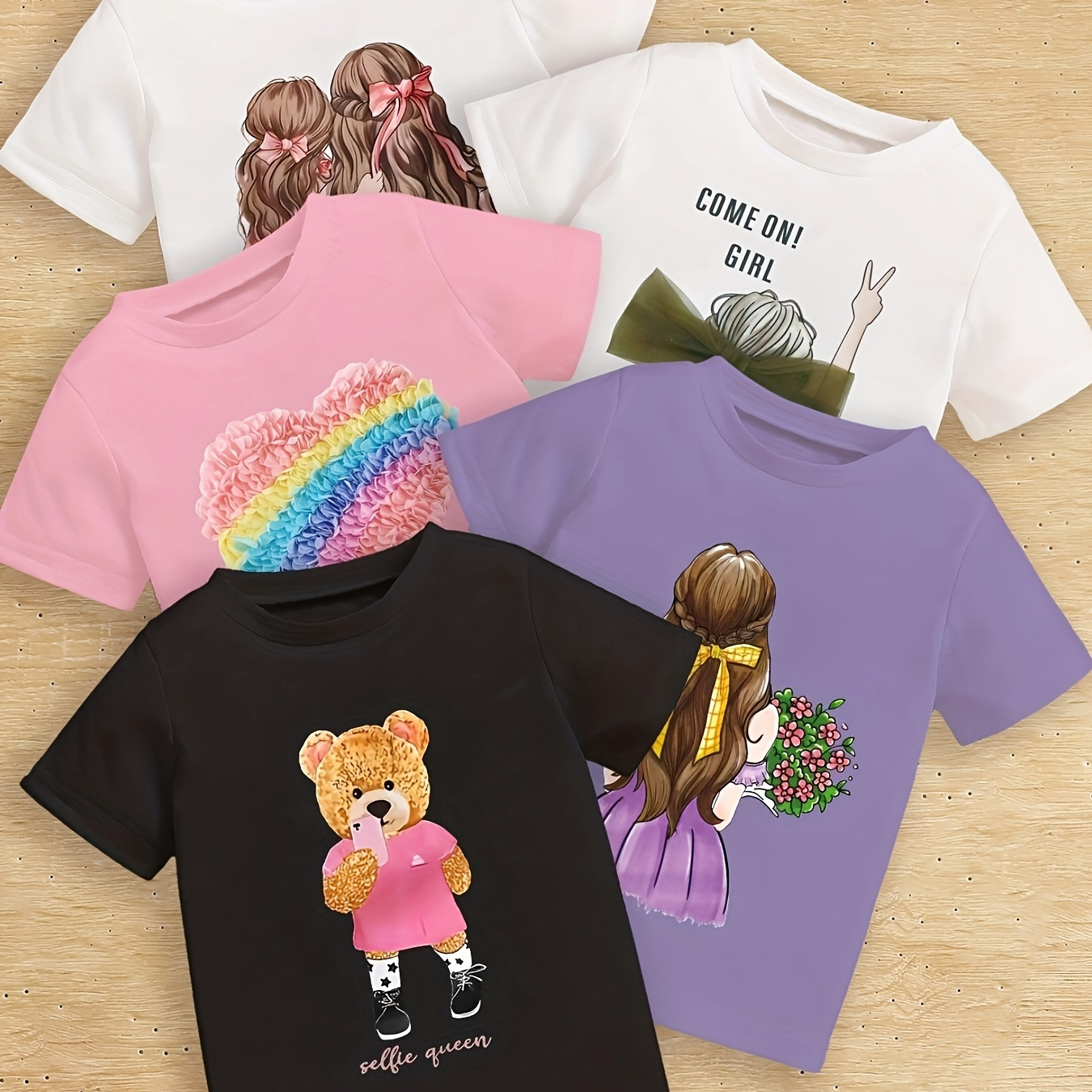 5pcs, Knit Heart & Animals & Girl Cartoon Print Short Sleeve Crew Neck T-shirts Set For Girls, Casual And Comfy Summer Tee Top Cute Gift
5pcs, Knit Heart & Animals & Girl Cartoon Print Short Sleeve Crew Neck T-shirts Set For Girls, Casual And Comfy Summer Tee Top Cute Gift