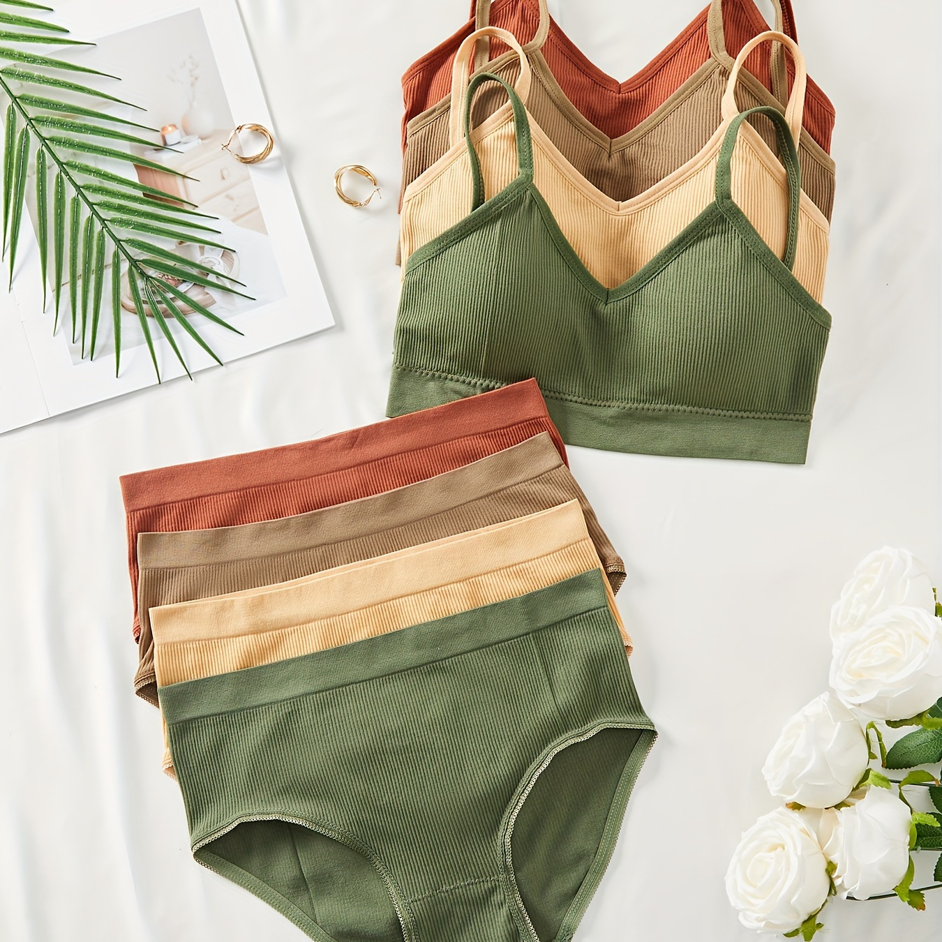 4 Sets Sexy Ribbed Bralette And High Waisted Panty Set, Assorted Colors, Comfortable Lingerie For Women, Stretchy Breathable Underwear Set
4 Sets Sexy Ribbed Bralette And High Waisted Panty Set, Assorted Colors, Comfortable Lingerie For Women, Stretchy Breathable Underwear Set