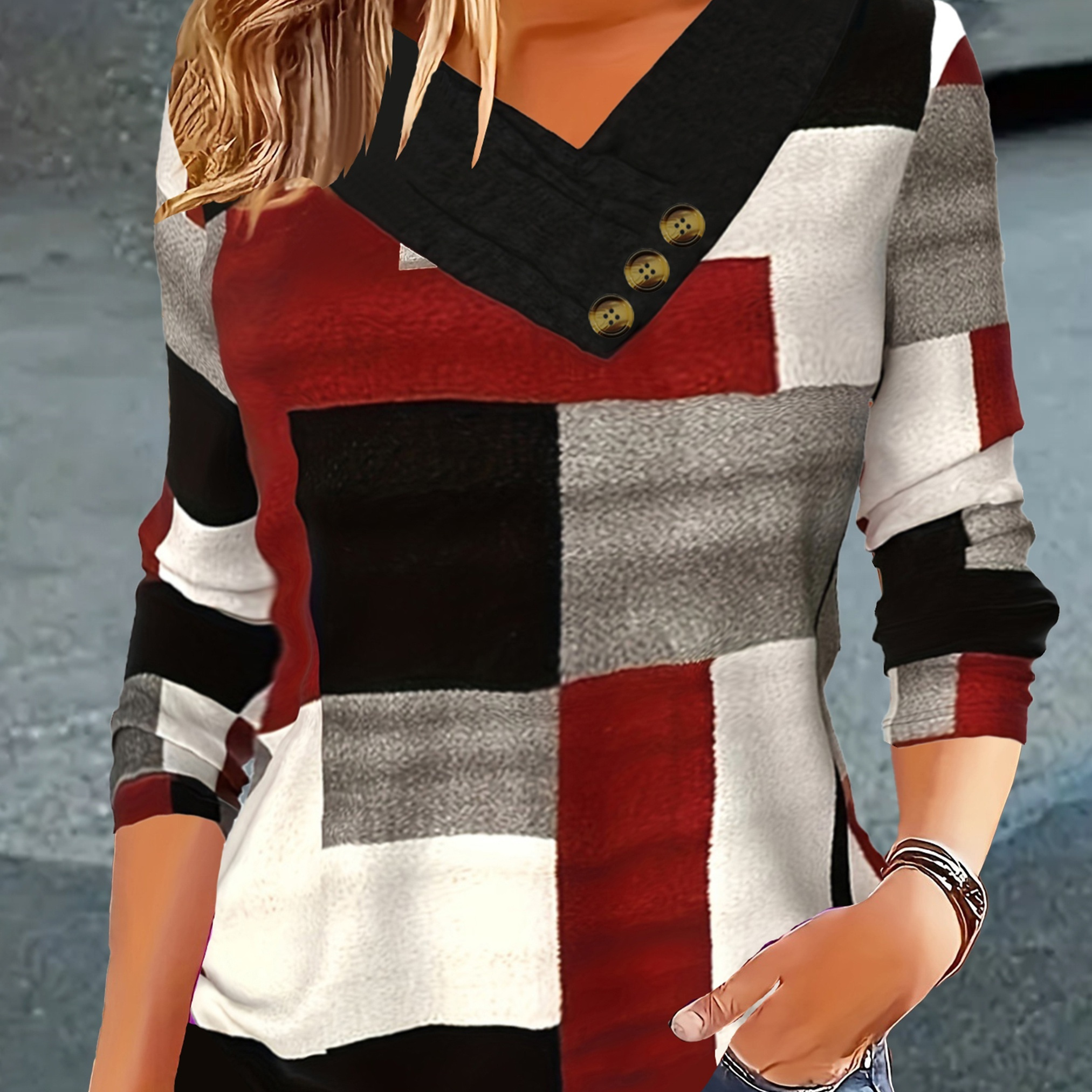 Women's Casual V-neck Long Sleeve T-shirt With Button Detail - Patchwork Print , Black, White & Gray - Comfortable Polyester For Fall/winter, Casual Wear | Pullover | Top, Ladies T Shirts
Women's Casual V-neck Long Sleeve T-shirt With Button Detail - Patchwork Print , Black, White & Gray - Comfortable Polyester For Fall/winter, Casual Wear | Pullover | Top, Ladies T Shirts