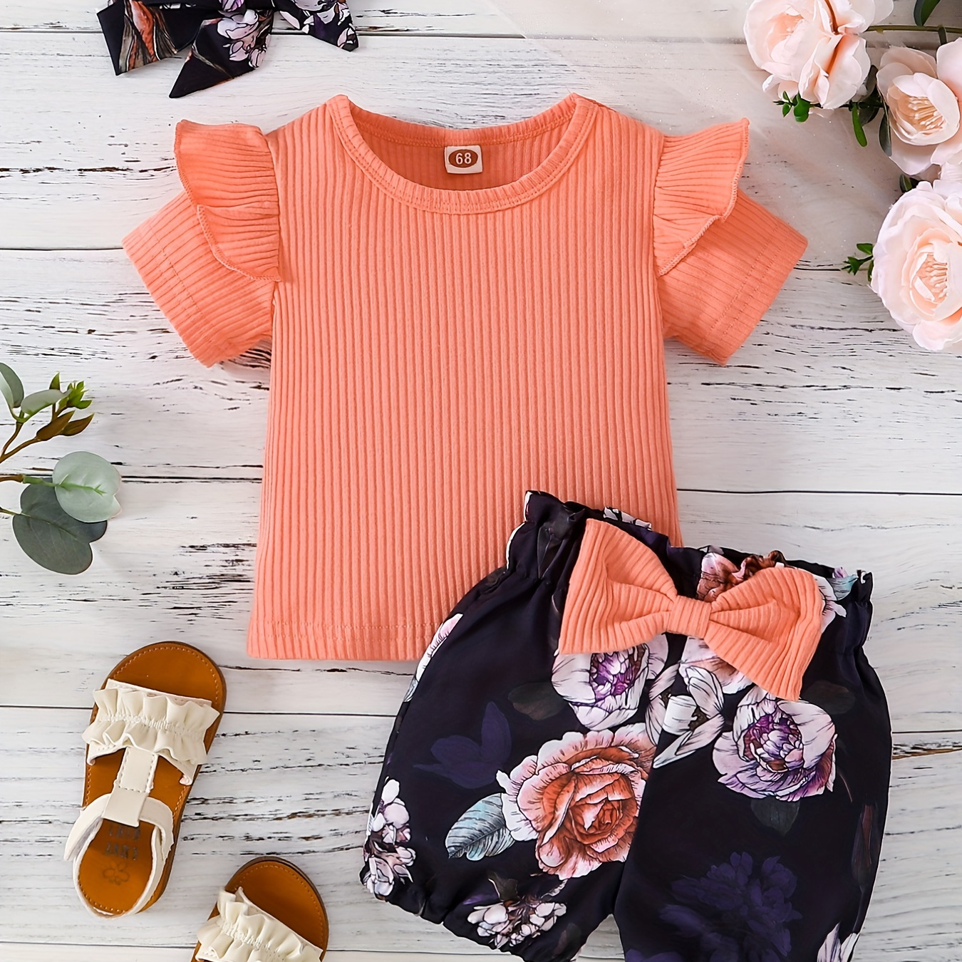 3pcs Baby Girls Cute Ruffle Trim T-shirt & Bowknot Floral Shorts & Headband Set Clothes For Summer
3pcs Baby Girls Cute Ruffle Trim T-shirt & Bowknot Floral Shorts & Headband Set Clothes For Summer