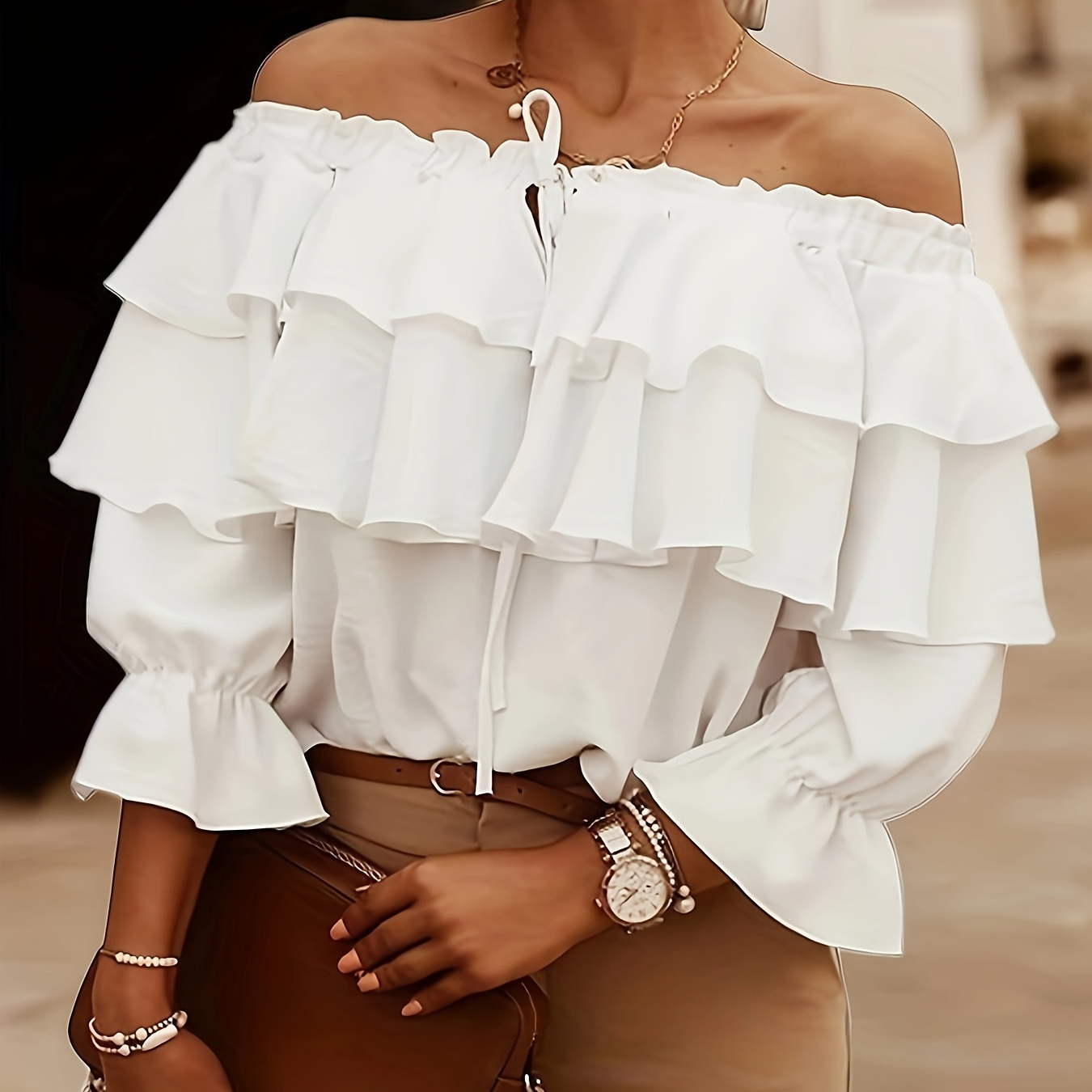 Off Shoulder Layered Ruffle Trim Blouse, Elegant Solid Color Blouse For Spring & Fall, Women's Clothing
Off Shoulder Layered Ruffle Trim Blouse, Elegant Solid Color Blouse For Spring & Fall, Women's Clothing