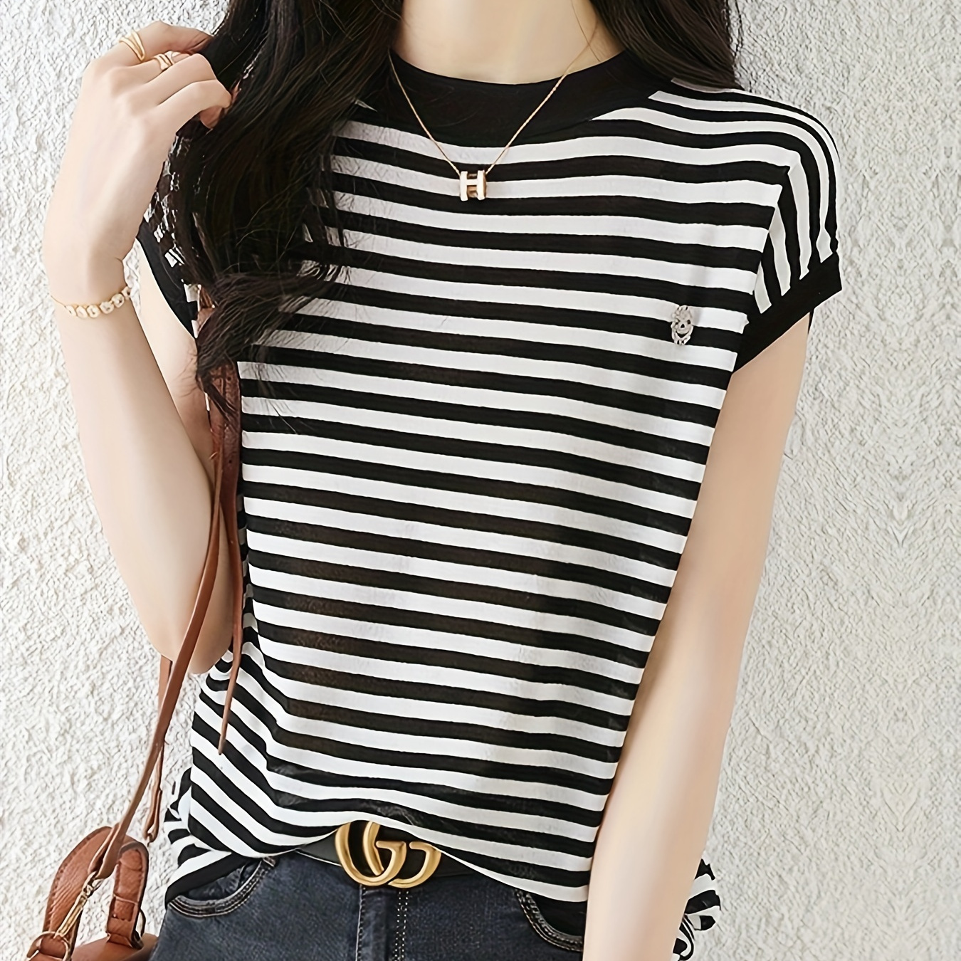 Striped Crew Neck Knitted Top, Casual Cap Sleeve Pullover Top For Spring & Summer, Women's Clothing
Striped Crew Neck Knitted Top, Casual Cap Sleeve Pullover Top For Spring & Summer, Women's Clothing