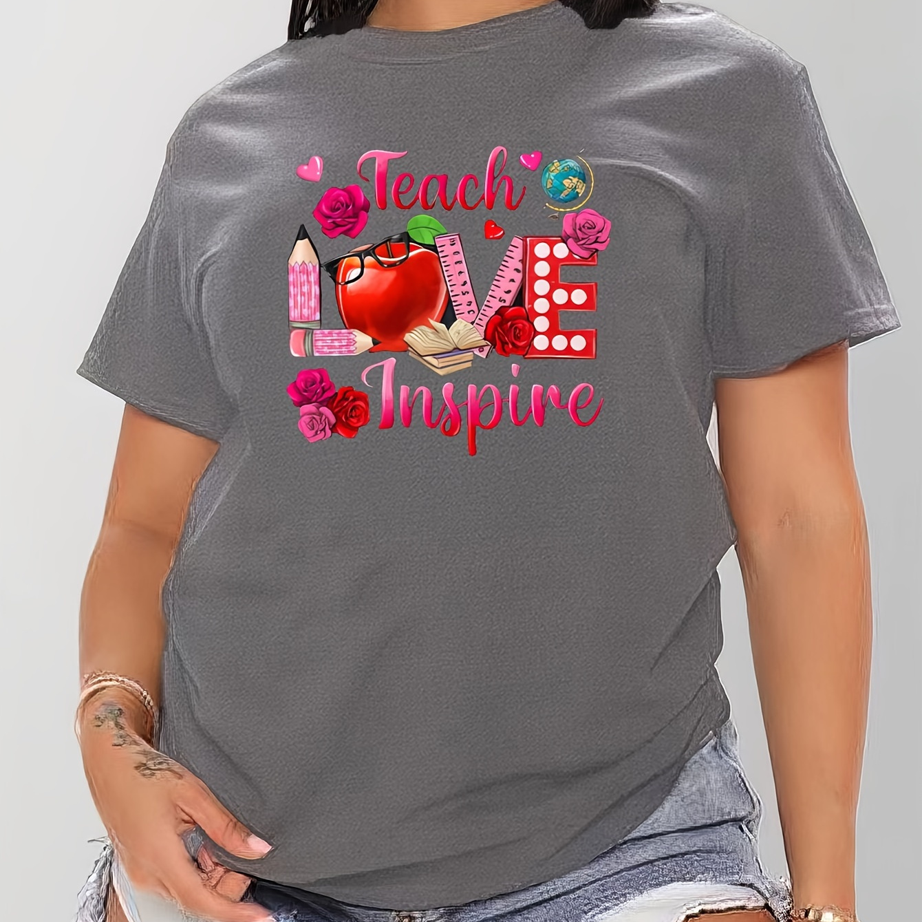 Plus Size Casual T-shirt, Women's Plus Cute Love & Letter Print Short Sleeve Round Neck Medium Stretch T-shirt
Plus Size Casual T-shirt, Women's Plus Cute Love & Letter Print Short Sleeve Round Neck Medium Stretch T-shirt