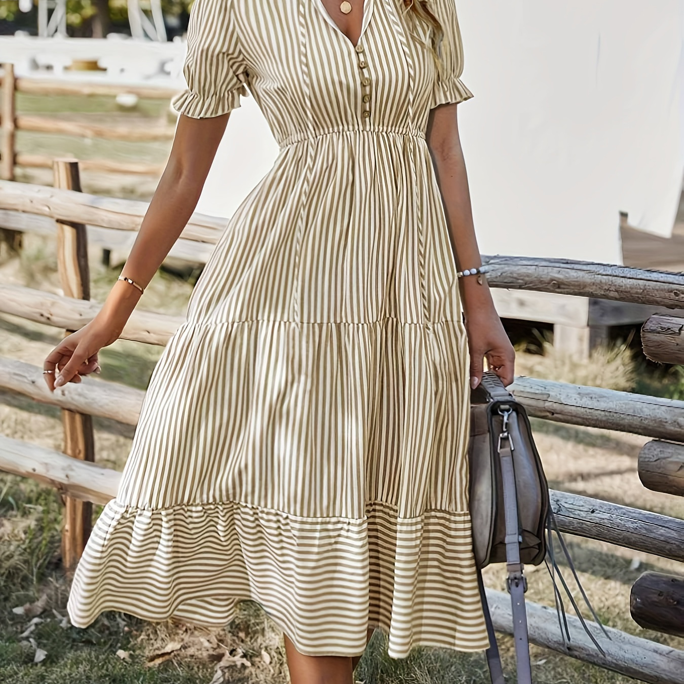 Striped V Neck Dress, Elegant Short Sleeve Button Decor Dress For Spring & Summer, Women's Clothing
Striped V Neck Dress, Elegant Short Sleeve Button Decor Dress For Spring & Summer, Women's Clothing