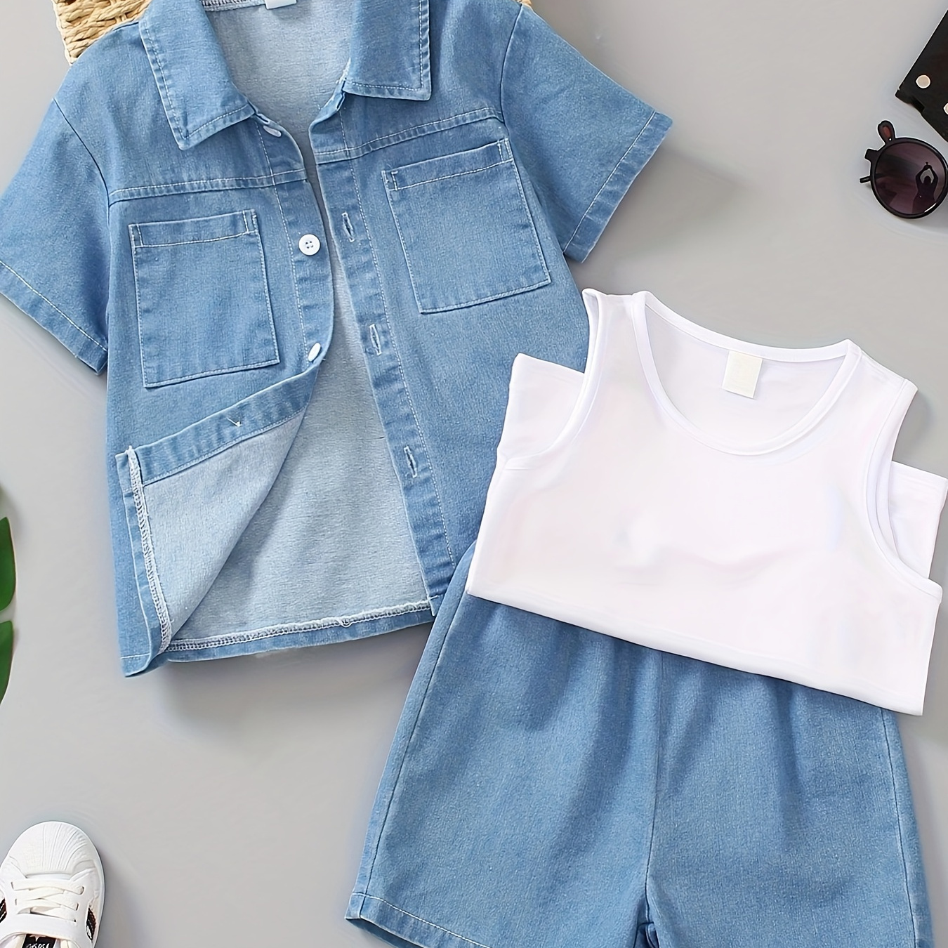 3pcs Boys Casual Short Sleeve Lapel Denim Shirt & Shorts & White Sleeveless Vest Set, Comfy Summer Boys Clothing
3pcs Boys Casual Short Sleeve Lapel Denim Shirt & Shorts & White Sleeveless Vest Set, Comfy Summer Boys Clothing
