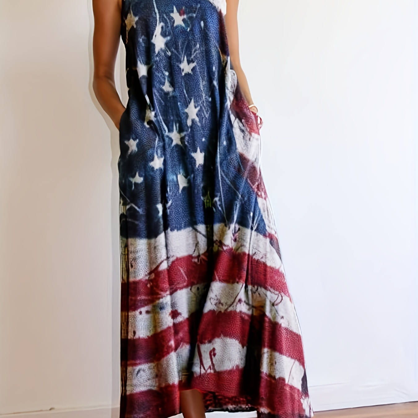 Plus Size Independence Day Casual Dress, Women's Plus Colorblock Star & Stripe Print Round Neck Slight Stretch Maxi Tank Dress
Plus Size Independence Day Casual Dress, Women's Plus Colorblock Star & Stripe Print Round Neck Slight Stretch Maxi Tank Dress