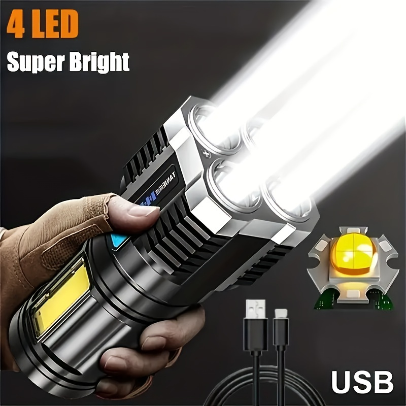 Une lampe de poche LED, une puissante lampe de poche à 4 LED avec lumière latérale COB, 4 modes, torche LED rechargeable par USB, lampe de poche avec batterie intégrée, outil de camping
Une lampe de poche LED, une puissante lampe de poche à 4 LED avec lumière latérale COB, 4 modes, torche LED rechargeable par USB, lampe de poche avec batterie intégrée, outil de camping