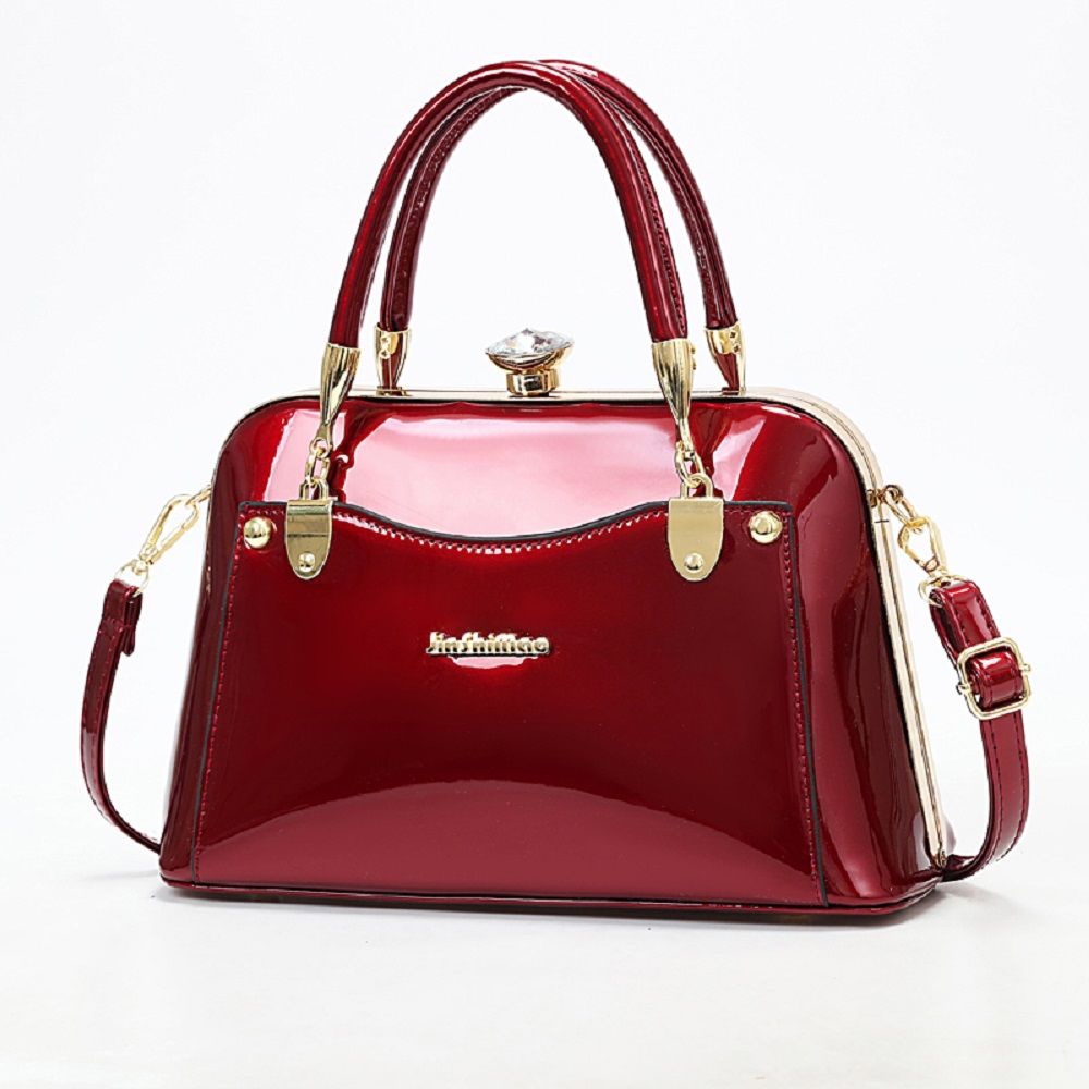 Stylish Rhinestone Frame Bag Patent Leather Toe Handle Hanbag Versatile