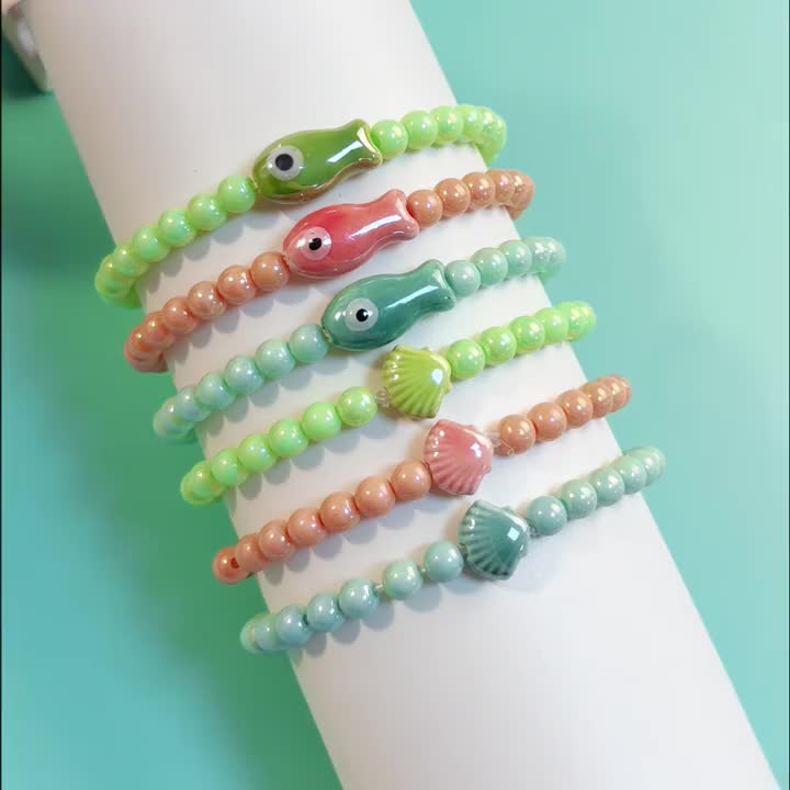 6pc Ocean-Themed Ceramic Fish & Seashell Beaded Bracelet Set
