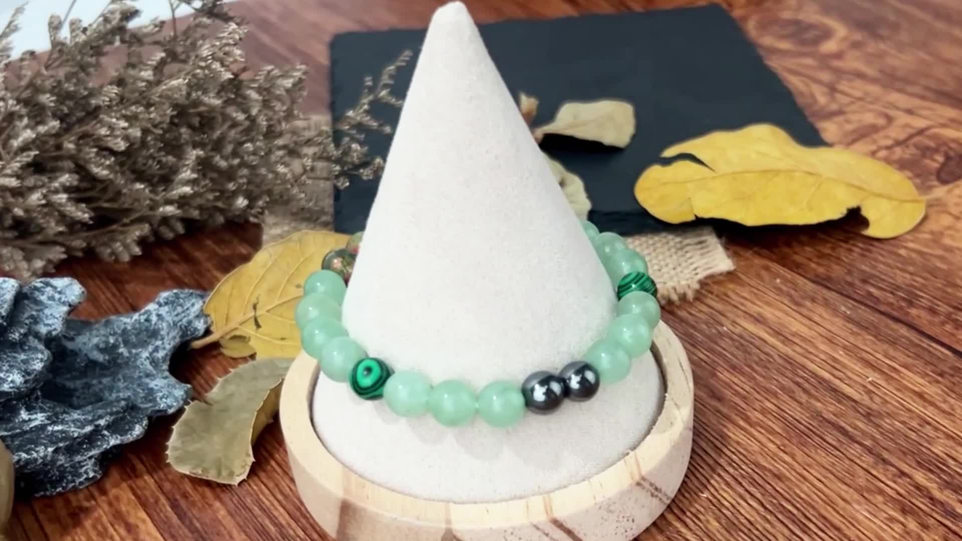 Peacock Green Flower Agate Bracelet, Natural Crystal Beaded