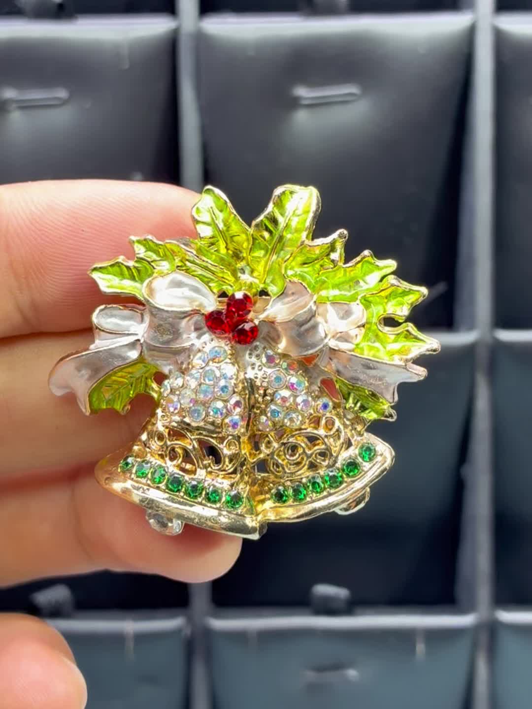 Sparkly Green Christmas Bell Brooch, Retro Pin