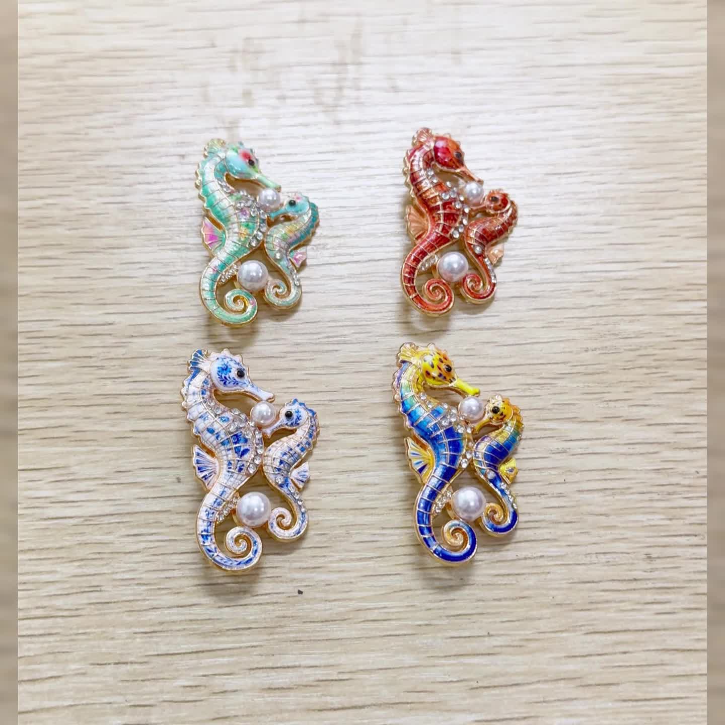 Rhinestone Seahorse Enamel Brooch, Embracing Design