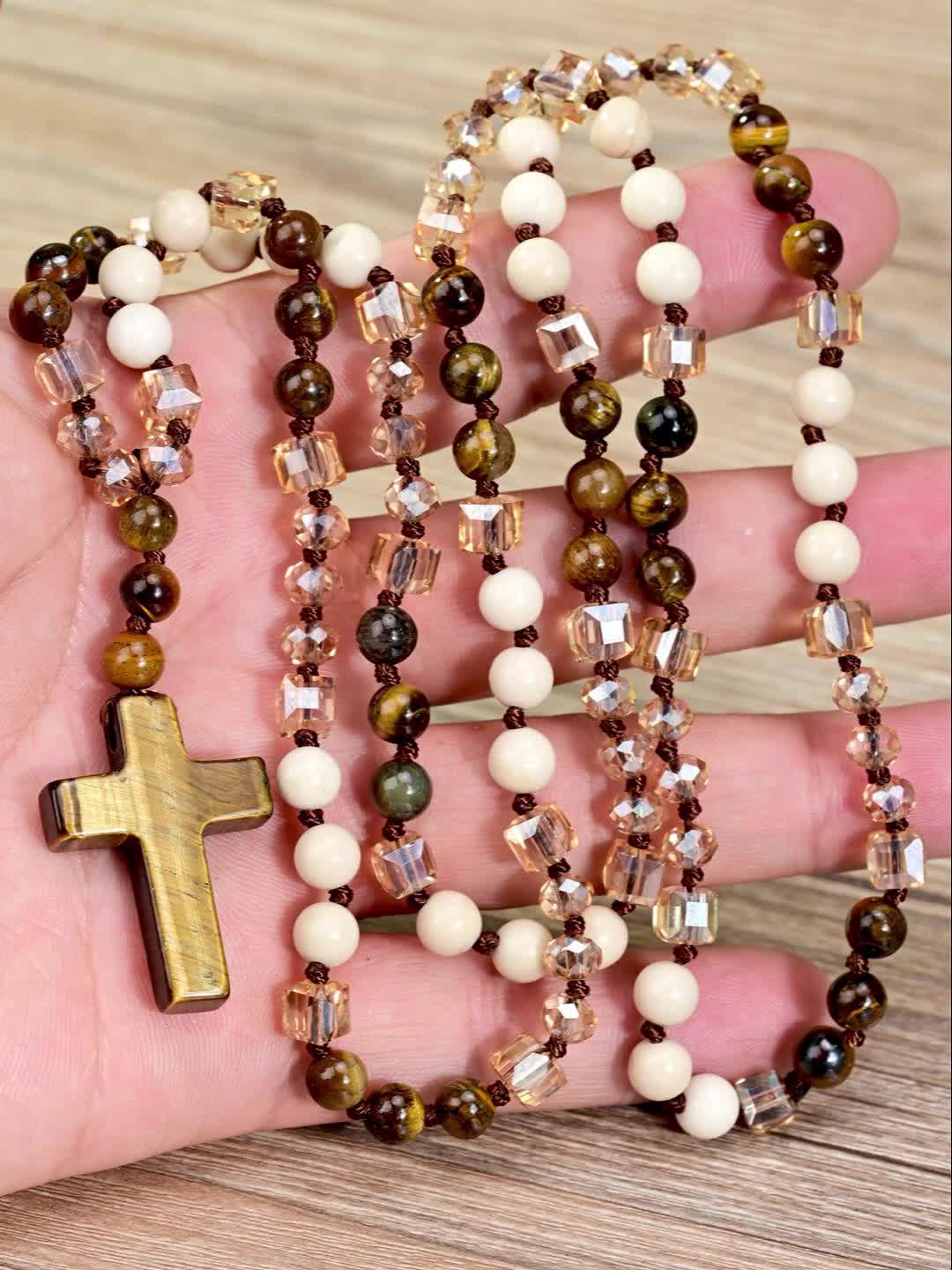 Unisex Natural Tiger Eye Cross Pendant Necklace