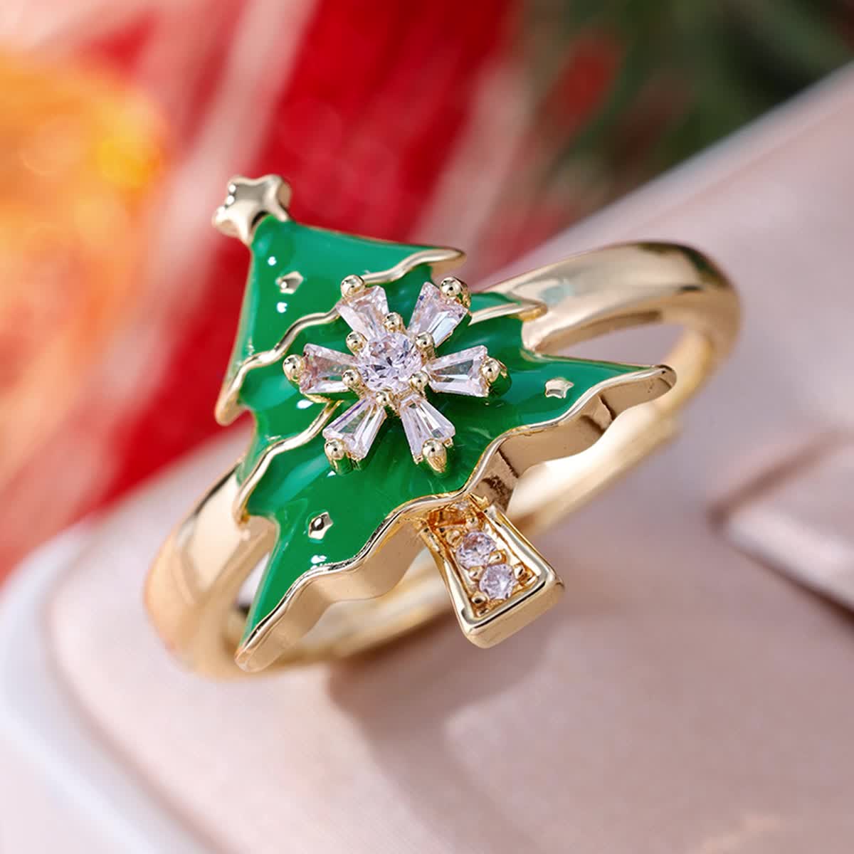 Christmas Tree Open Ring with Snowflake Zirconia, Festive Jewelry