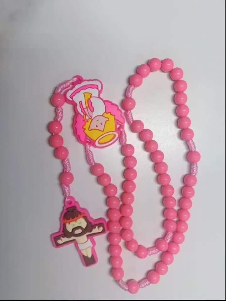 Pink Prayer Beads with Simple Rosary Cross Pendant, Gift