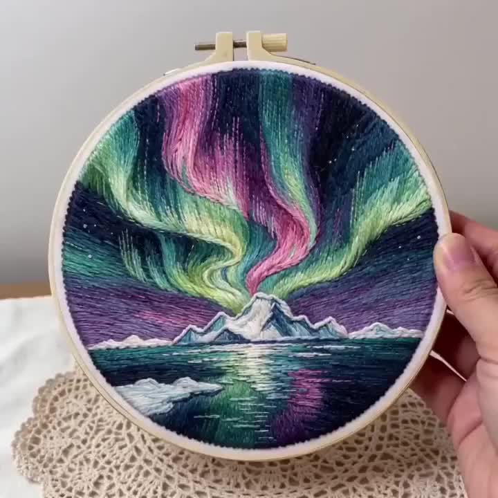 Printed Embroidery Kit with Aurora Dance Pattern for Beginners