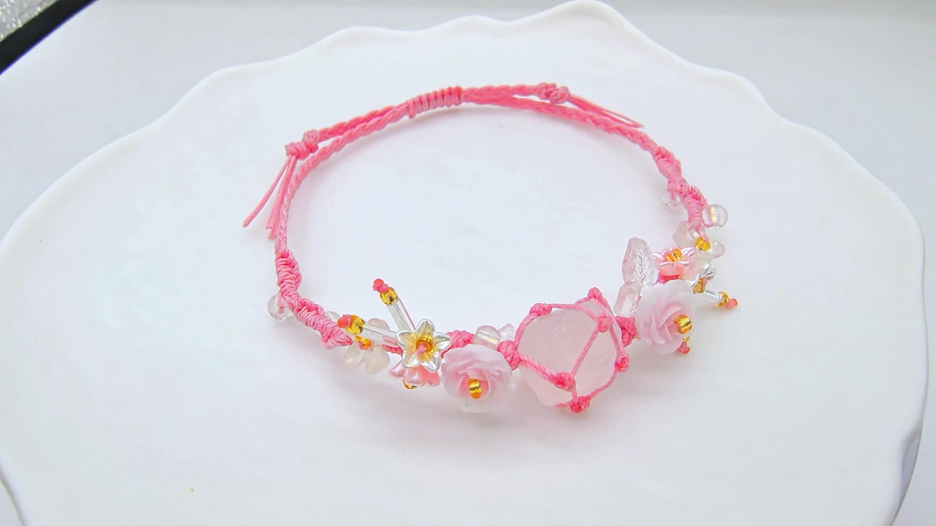 Crystal Handwoven Bracelet, Forest-Inspired Pink & White Design
