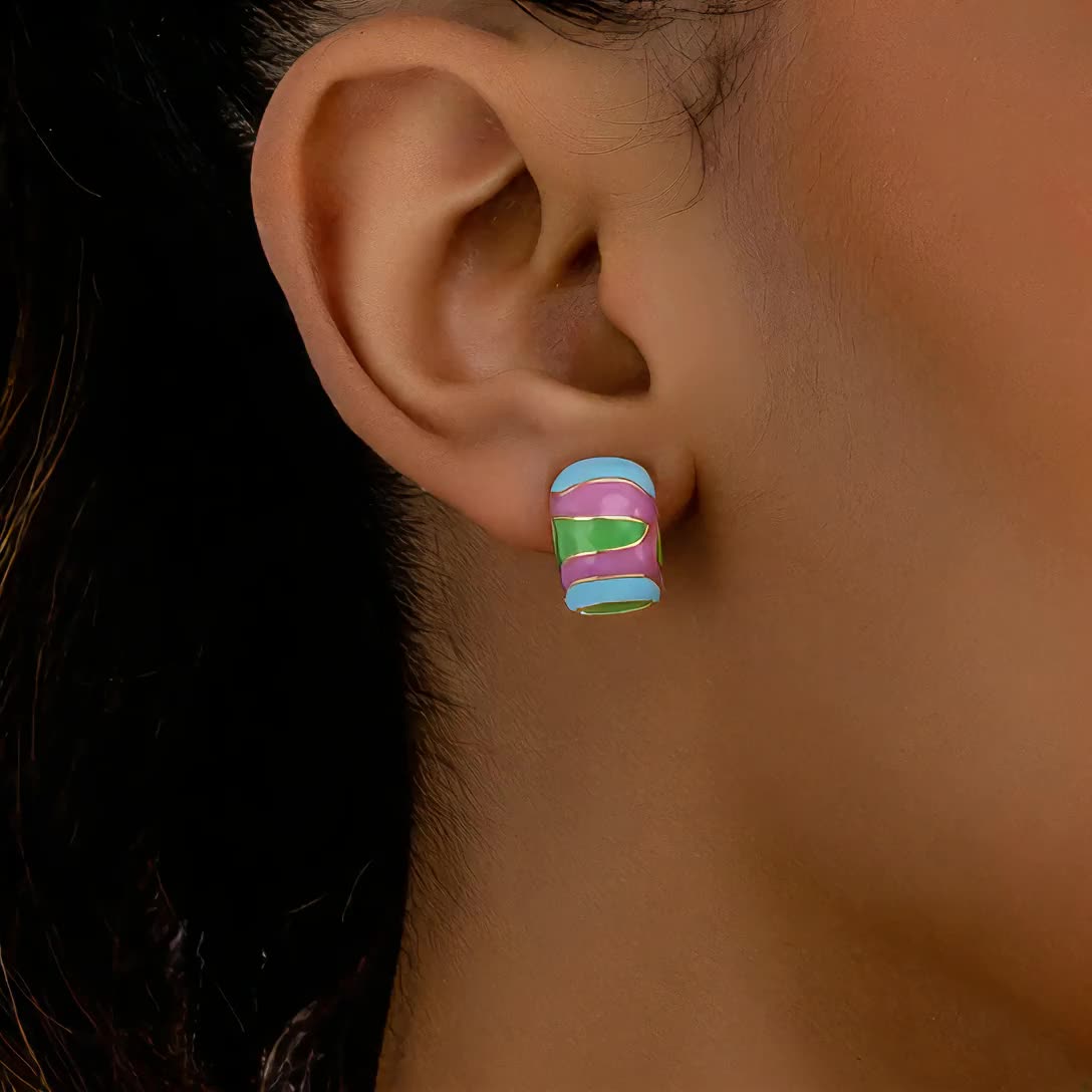 Sweet Elegant Multicolor Enamel Hoop Earrings, Holiday Style