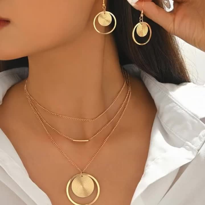2pcs Women's Jewelry Set, Minimalist 3-Layer Chain & Earrings