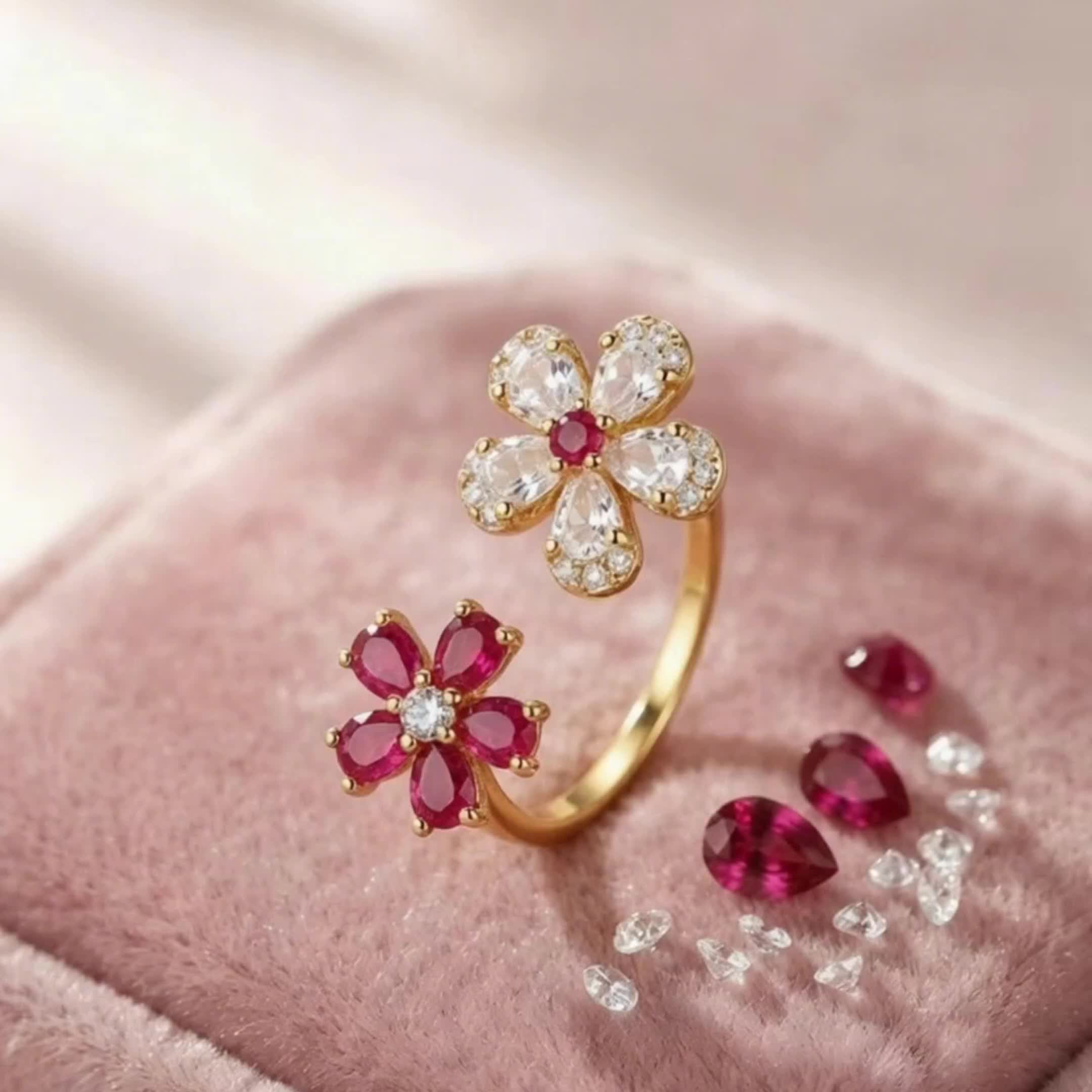Women's Two-tone Flower CZ Adjustable Open Ring, Elegant Gift