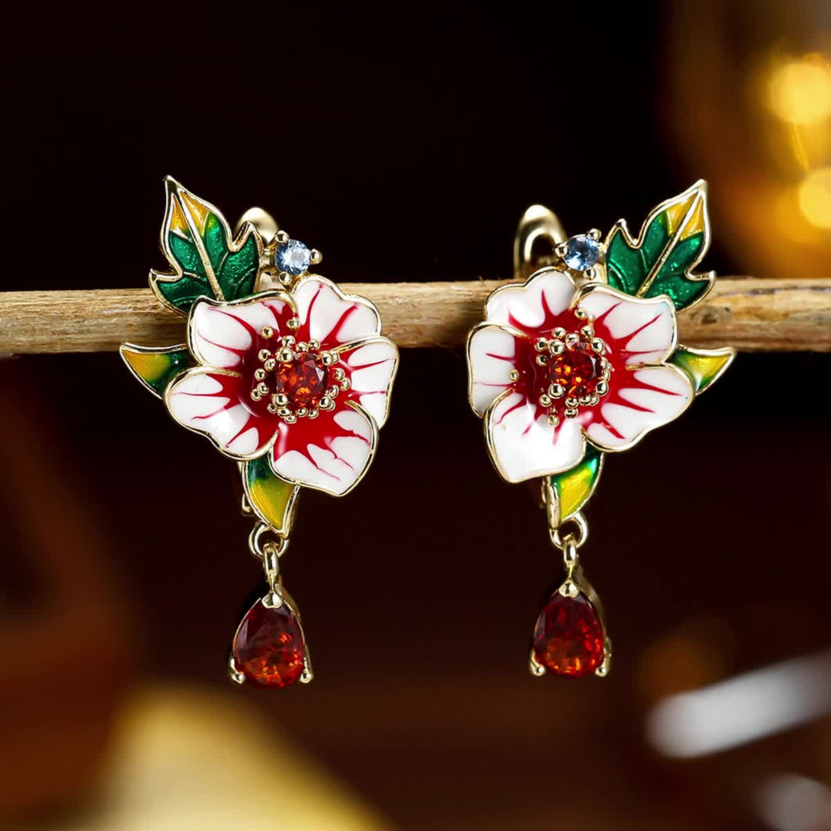 Painted Floral Leaf Shaped Ear Clips with Zirconia