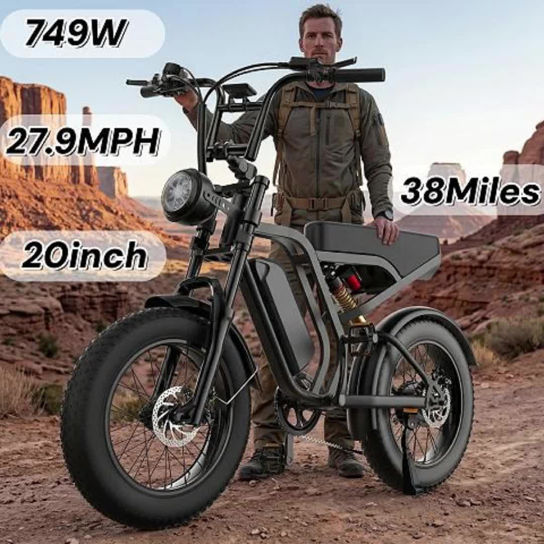 749W Peak Motor 48V 15AH Electric Bike with 37-Mile Range, 27.9 MPH, 20" x 4" All-Terrain Tires, Front Suspension, 7-Speed Shimano, Hydrauli