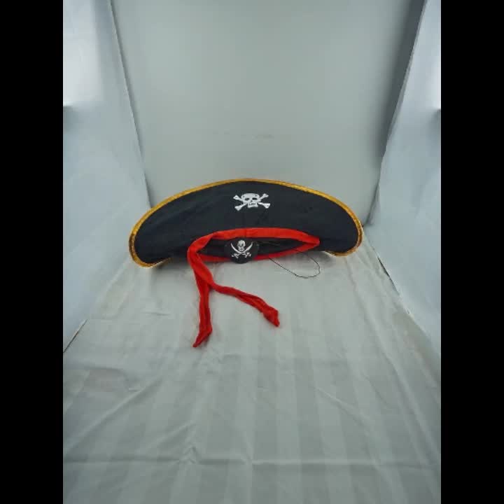 Pirate Tricorne Hat and Eye Patch Set, Gold-Trimmed Captain Hat