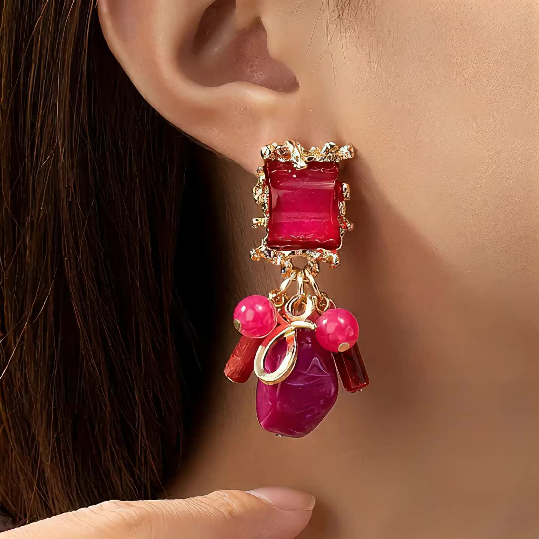 Elegant Retro Resin Beaded Clip-On Earrings for Women, Versatile