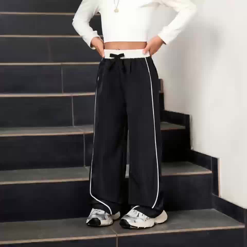 Girls' Color-Block Webbing Windproof Cargo Wide-Leg Pants