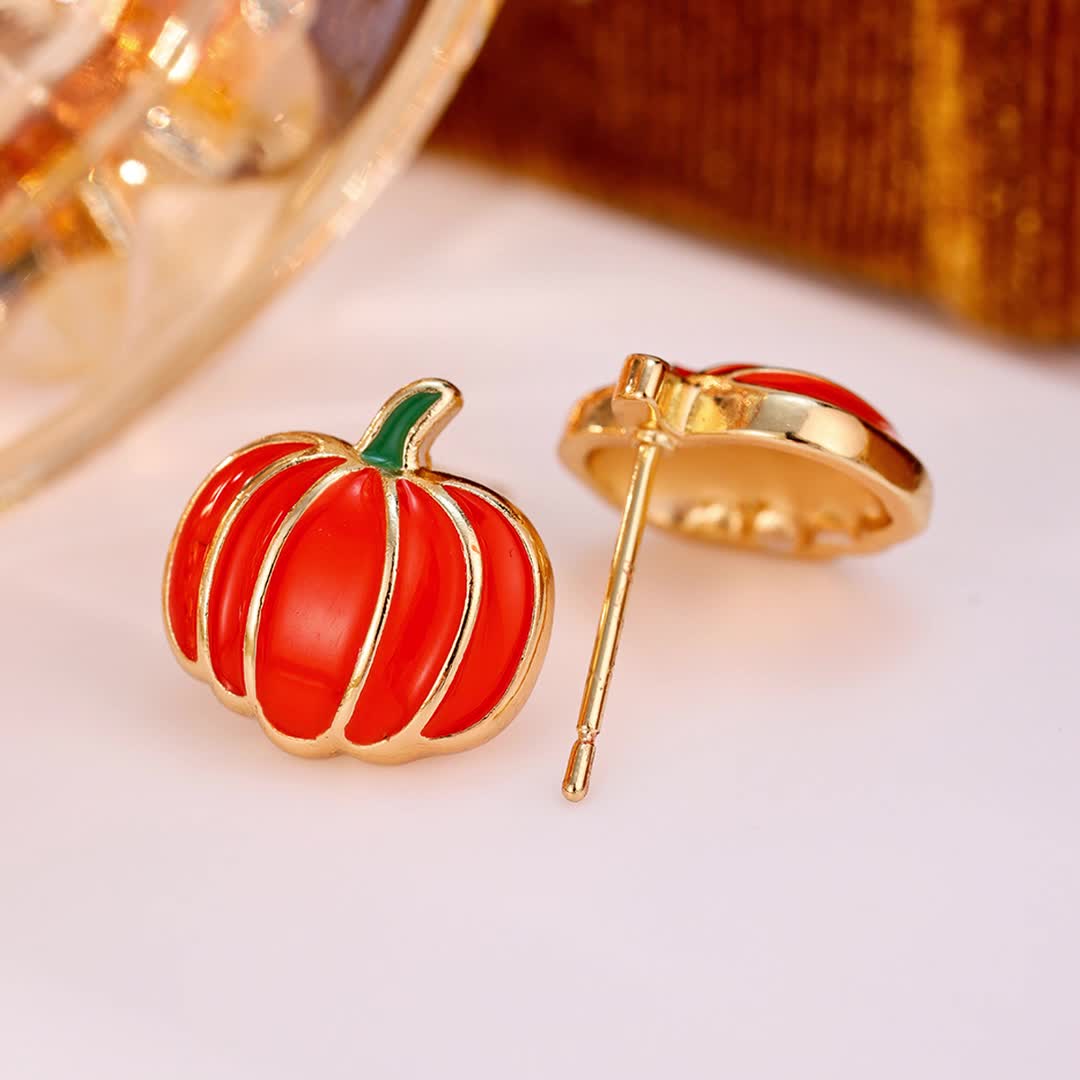 Pumpkin Stud Earrings with Synthetic Zircon, Light Luxury