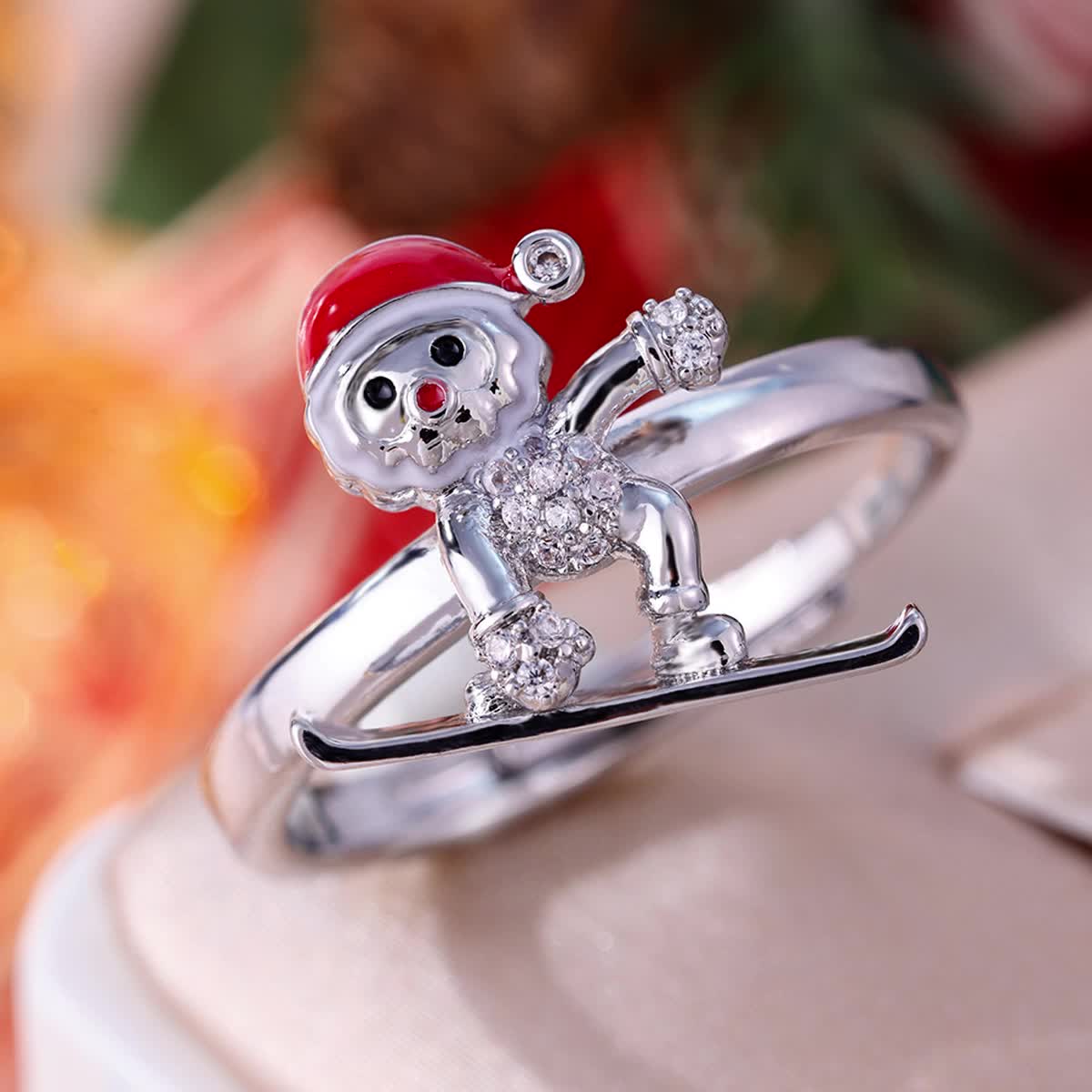 Women's Ski Santa Claus Open Ring with Zirconia