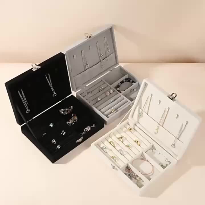 Light Gray Velvet Flip-Top Jewelry Box, Multi-Compartment