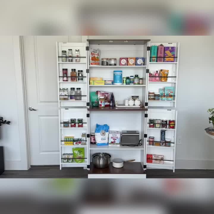 Farmhouse Tall Pantry Storage Cabinet - Freestanding Wood Cabinet with Adjustable Shelves, Brown