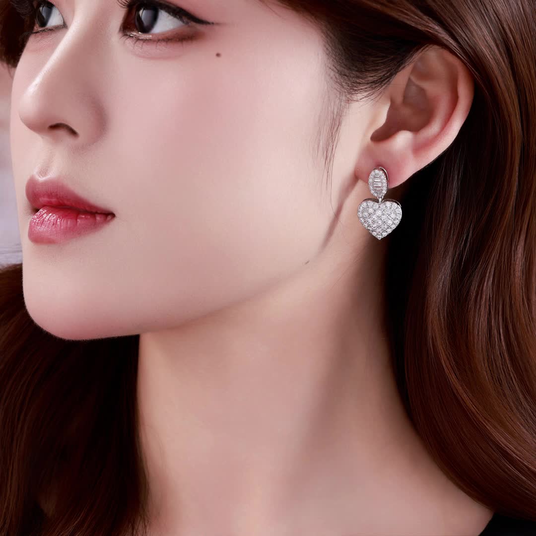 Women's Copper Heart Drop Earrings with Zirconia Inlay