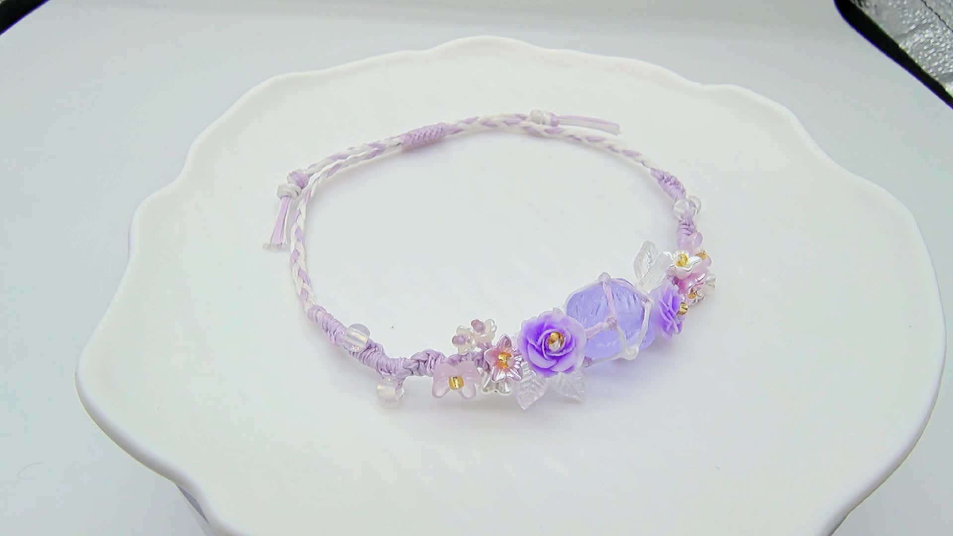 Purple Rose Light Purple Crystal Braided Bracelet, Adjustable Design