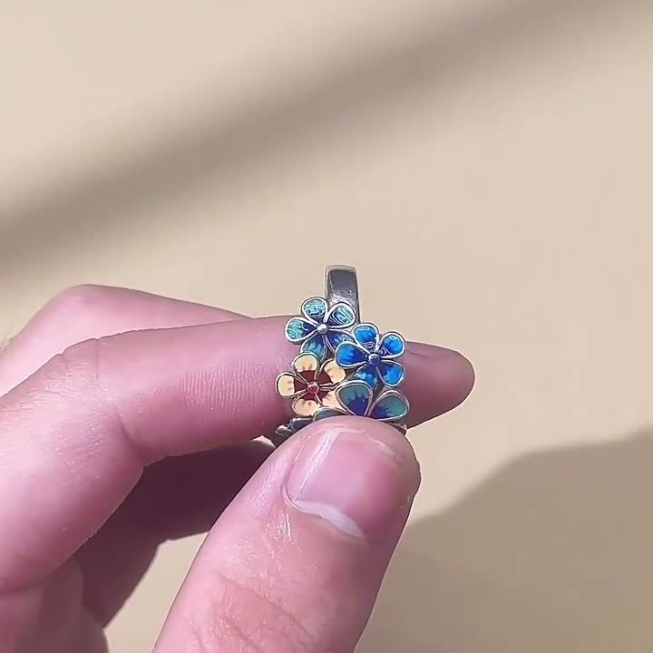 S925 Silver Enamel Floral Ring — Vintage Adjustable Gift