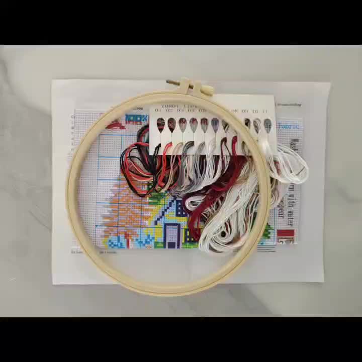 Round Cross Stitch Printed Kit with Hoop, "Blue And White Potted White Hydrangea" Pattern