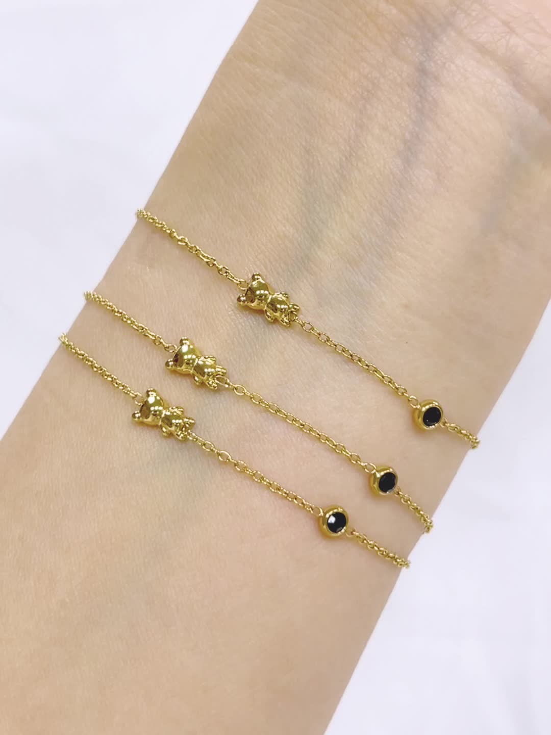 Women's French-Style Bear Charm Bracelet with Black Stone Pendant