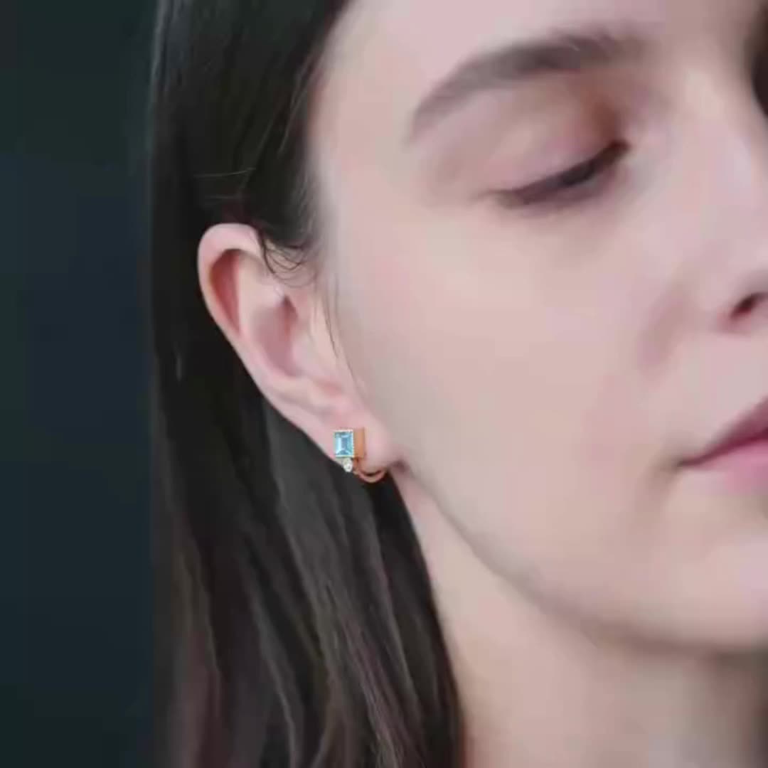 Women's Minimalist Square Aquamarine Blue Zirconia Huggie Earrings