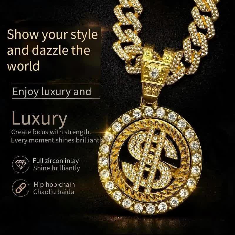 Rotating Pendant Necklace with USD Currency & Cuban Chain