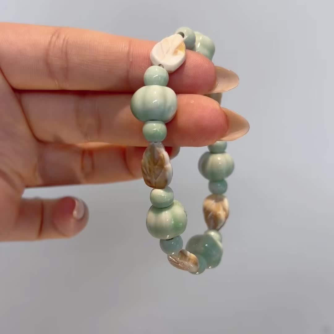 Celadon-Glazed Ceramic Pumpkin-Shaped Stretch Bracelet
