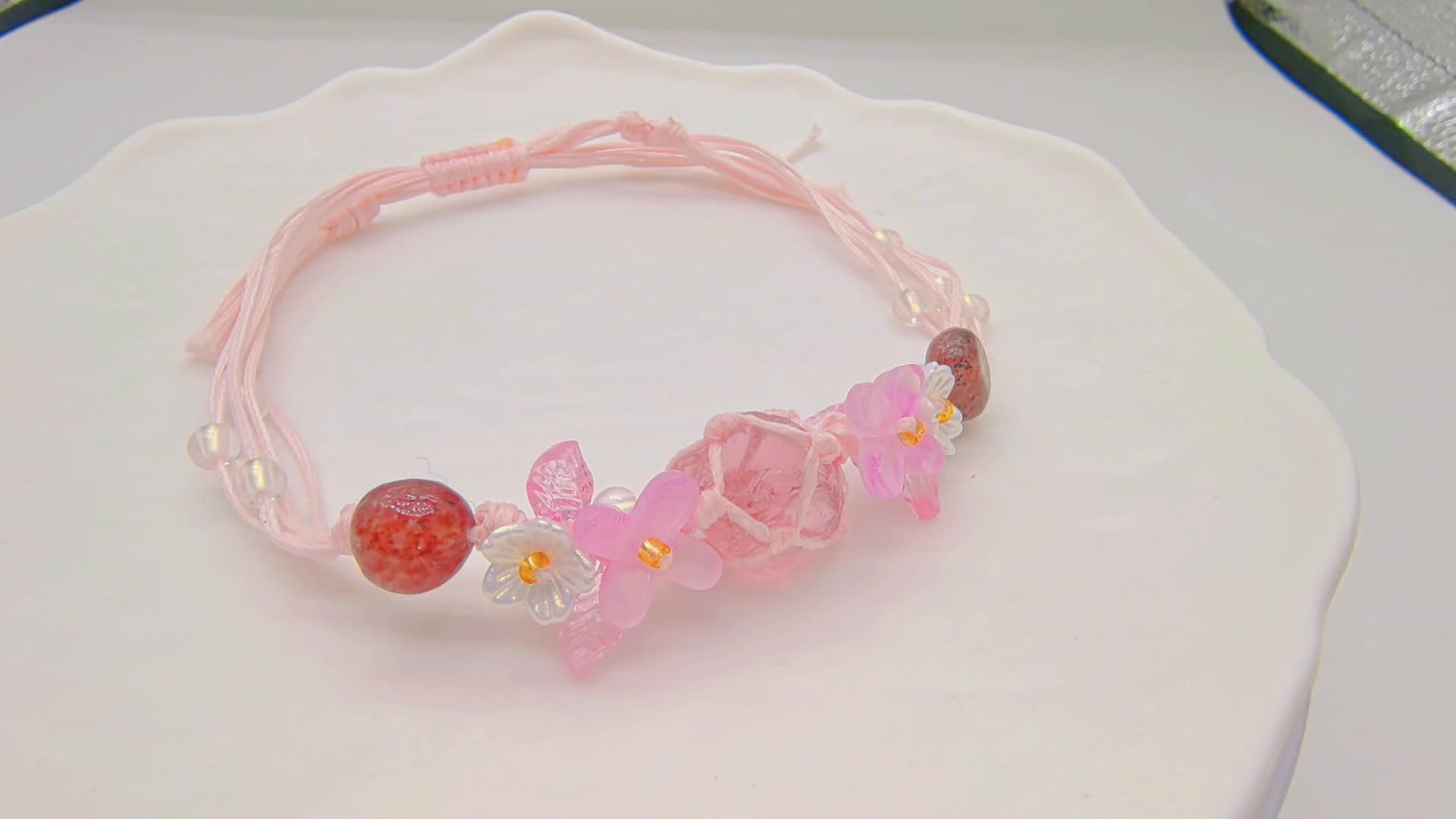 Handmade Adjustable Rose Quartz & Strawberry Quartz Bracelet, Floral Design