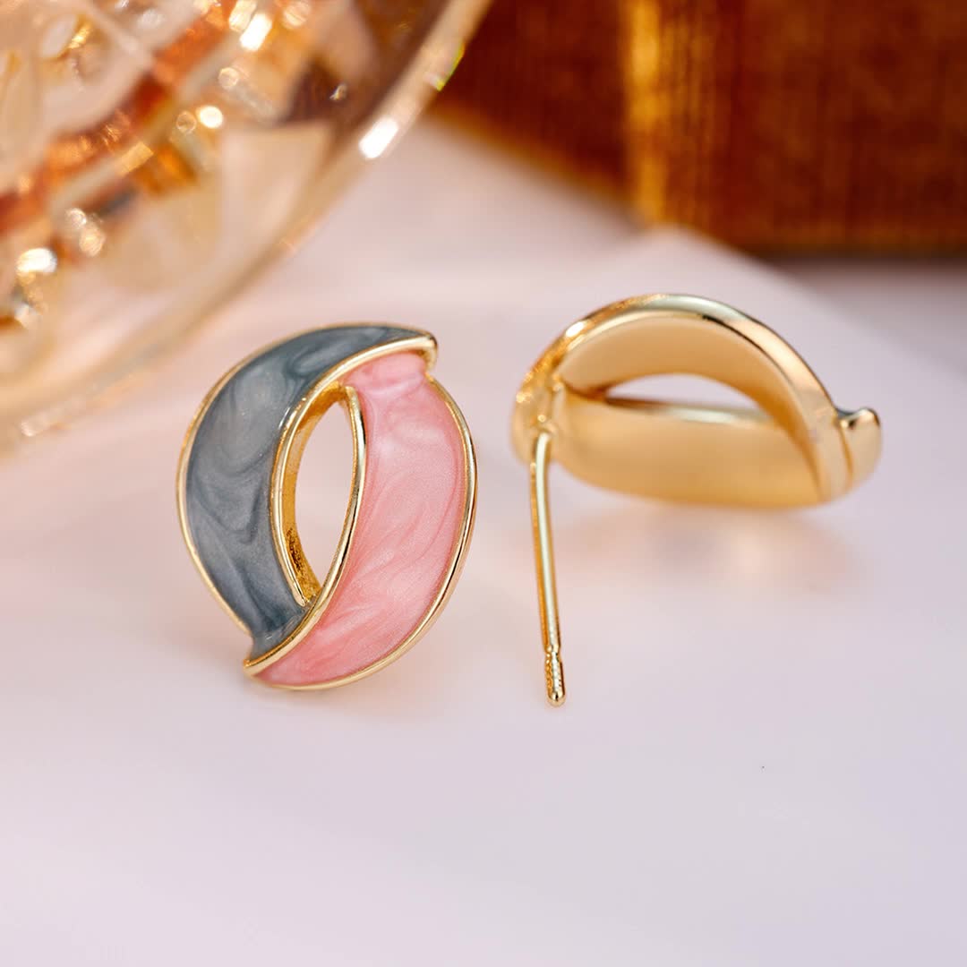 Women's Classic Two-Tone Moon Stud Earrings with Synthetic Zirconia